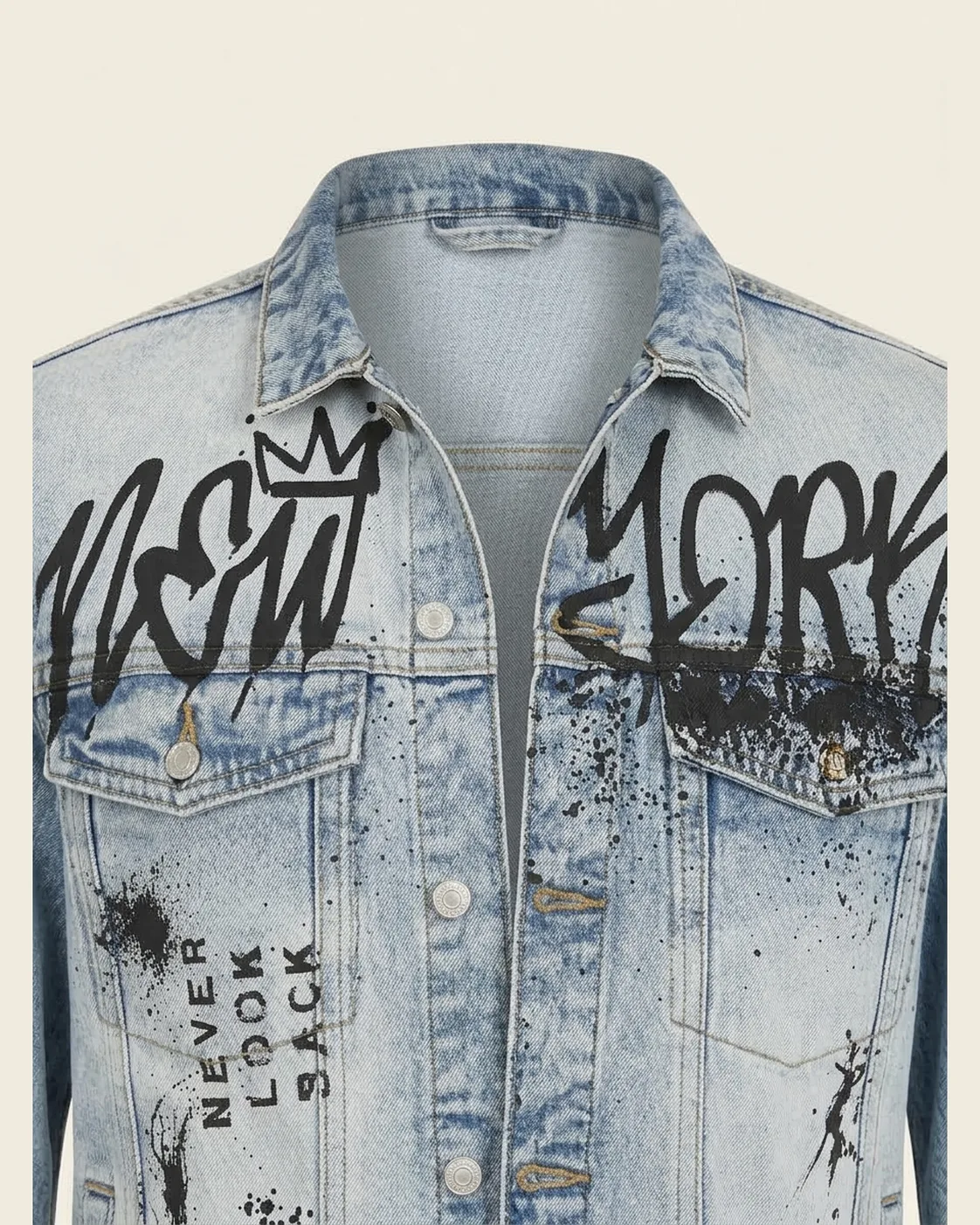 Light-wash graphic denim jacket, construction detail, development reference