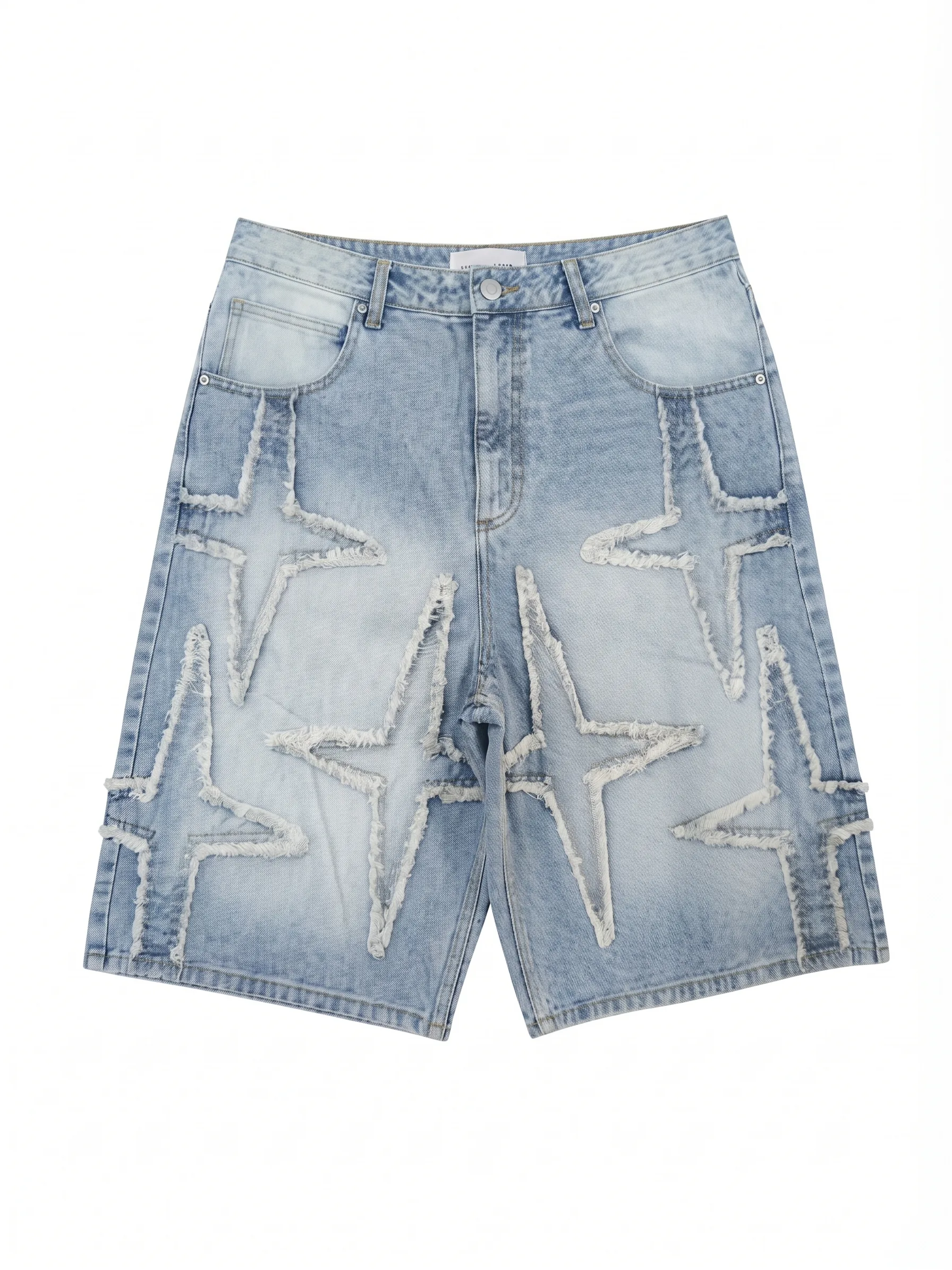 Light-wash star denim shorts, front view, development reference