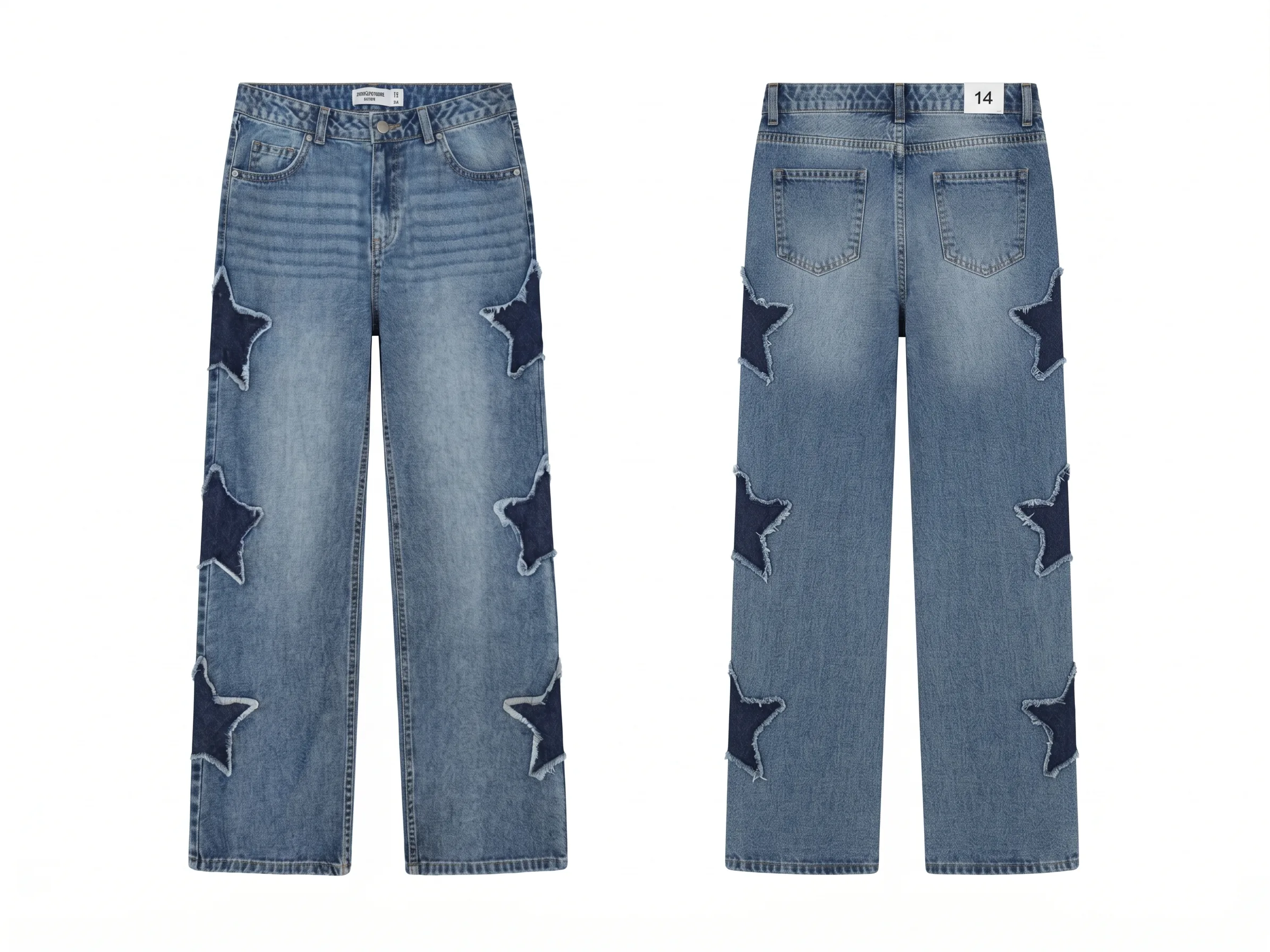 Light-wash star-patch jeans, back view, development reference