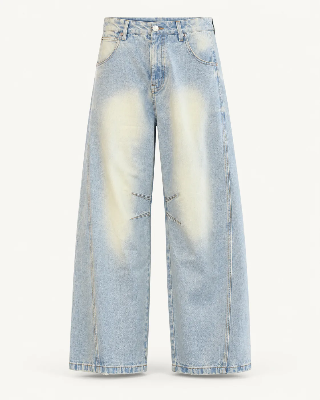 Light-wash wide-leg jeans, front view, development reference