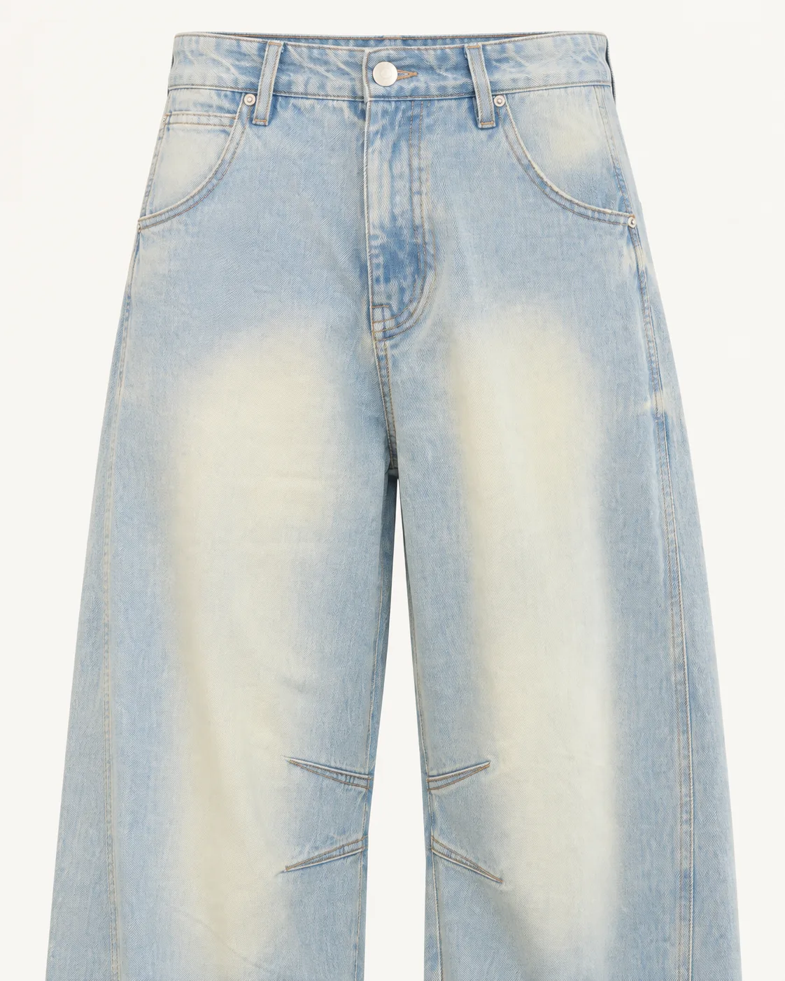 Light-wash wide-leg jeans, construction detail, development reference
