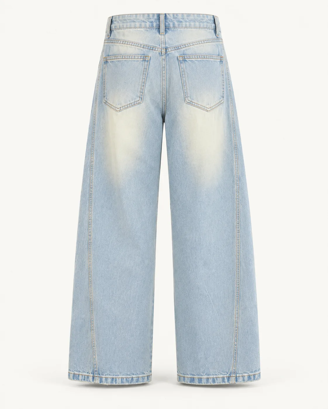 Light-wash wide-leg jeans, back view, development reference