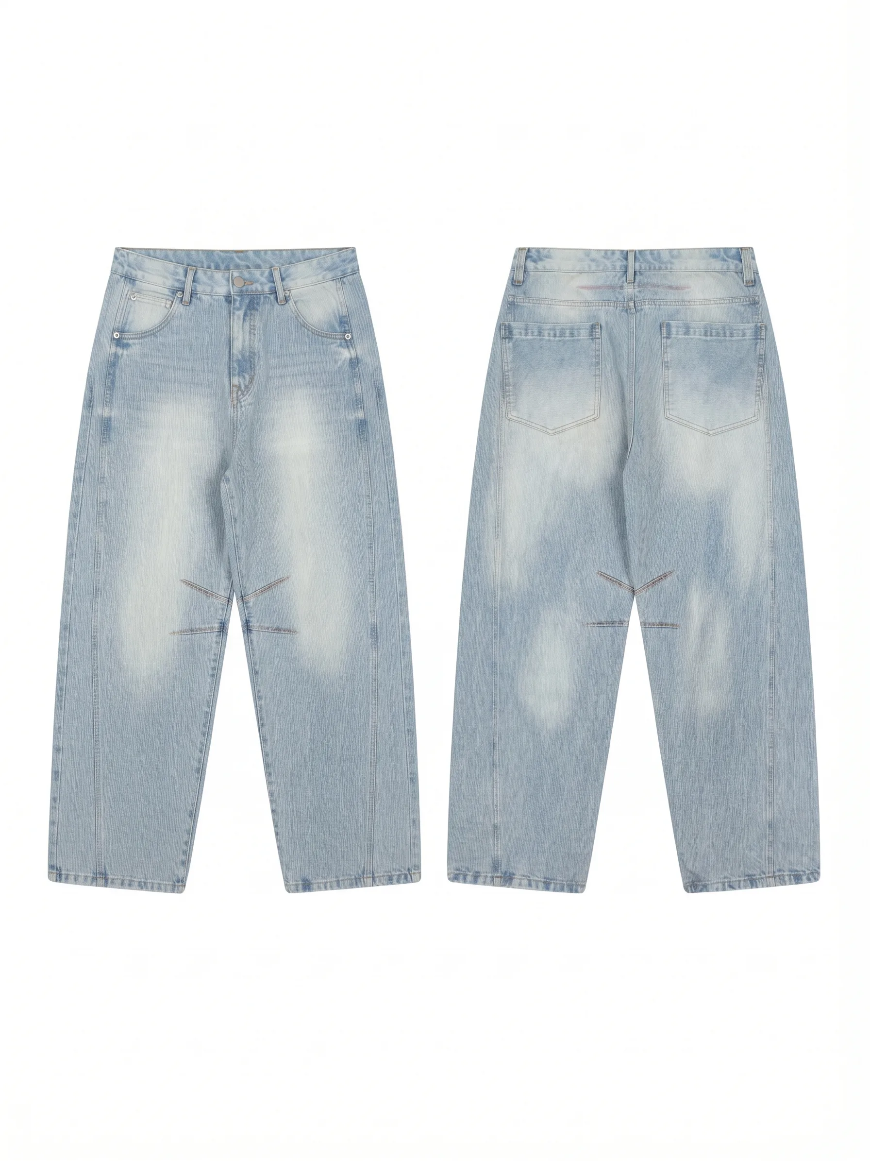 Light wide-leg jeans with pieced knees, back view, development reference