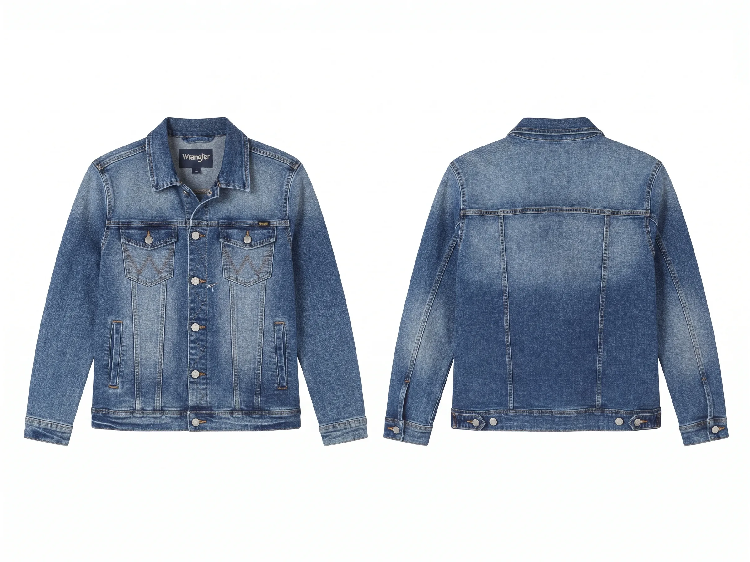 Medium-blue denim jacket, back view, development reference