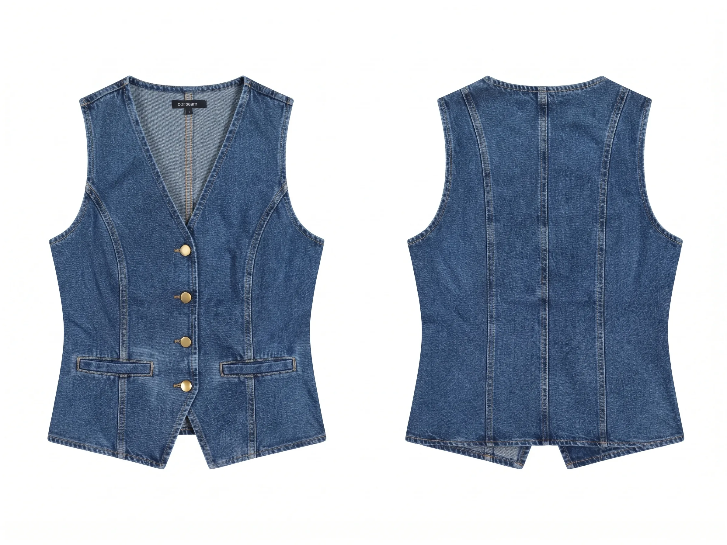 Medium-wash denim vest, back view, development reference