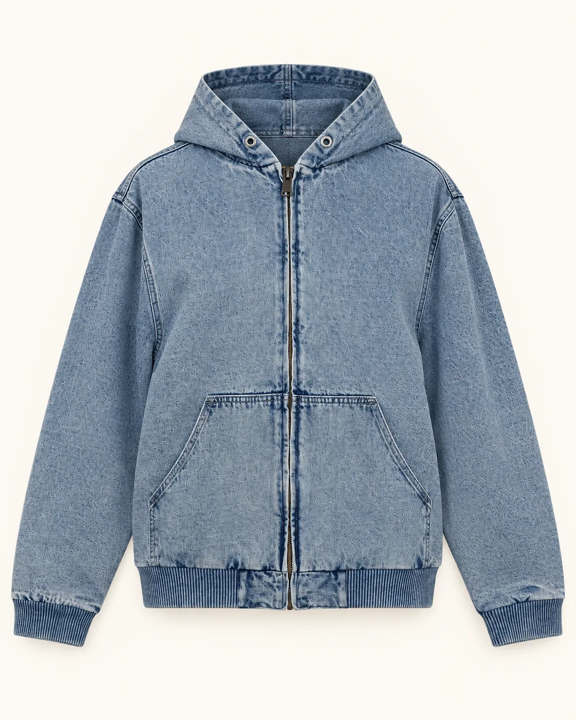 Medium-wash denim zip hoodie, front view, development reference