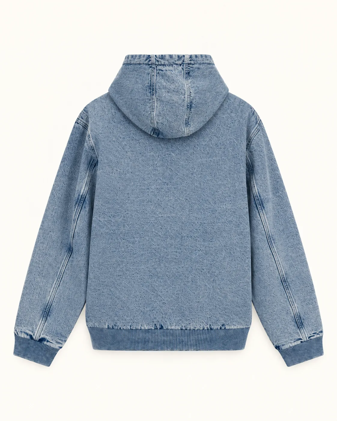 Medium-wash denim zip hoodie, back view, development reference