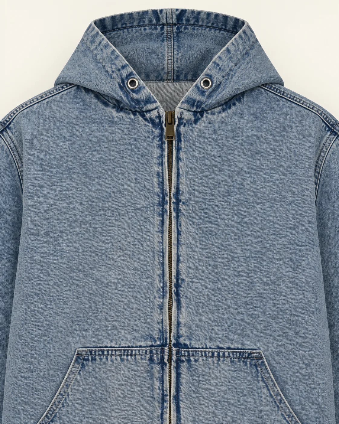 Medium-wash denim zip hoodie, construction detail, development reference
