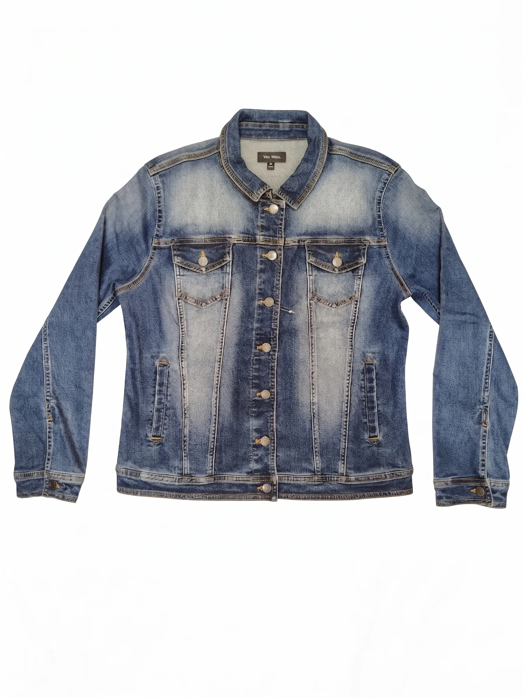 Medium-wash faded denim trucker, front view, development reference
