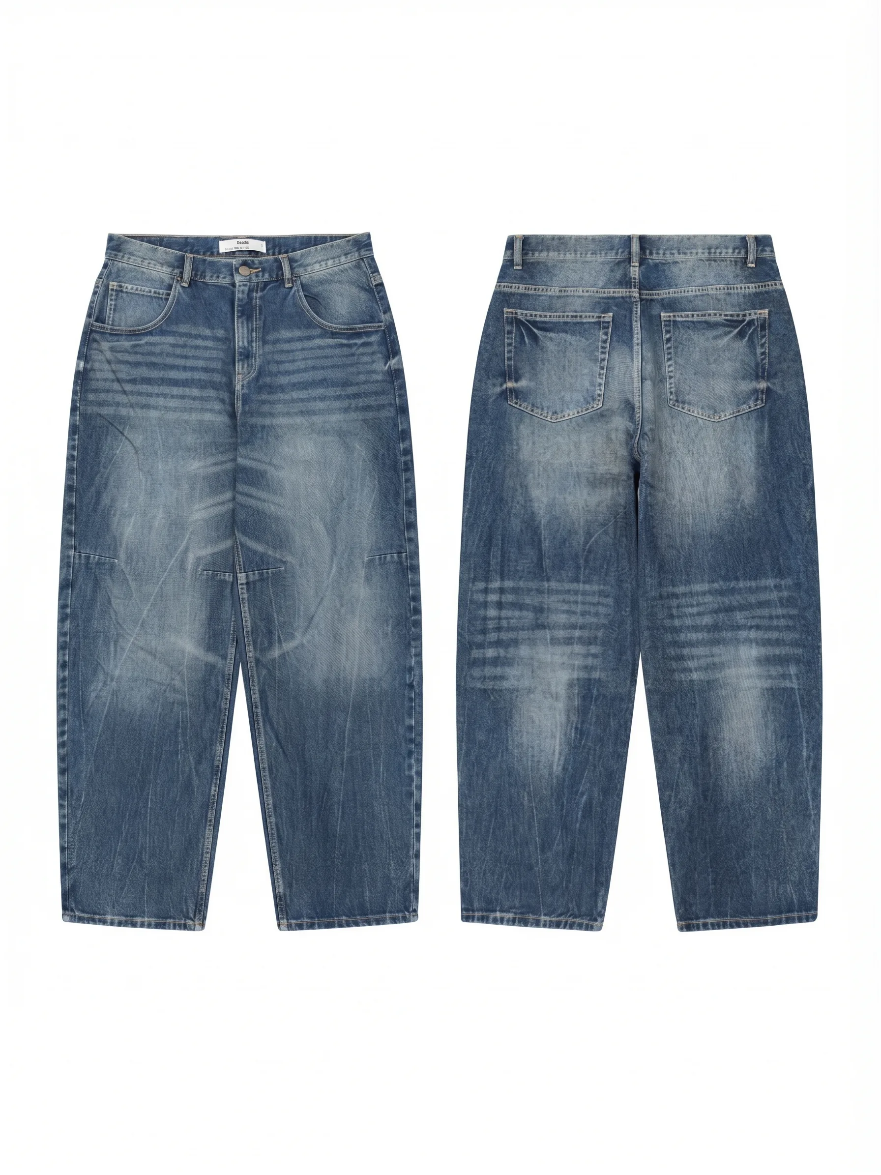 Medium whiskered relaxed jeans, back view, development reference