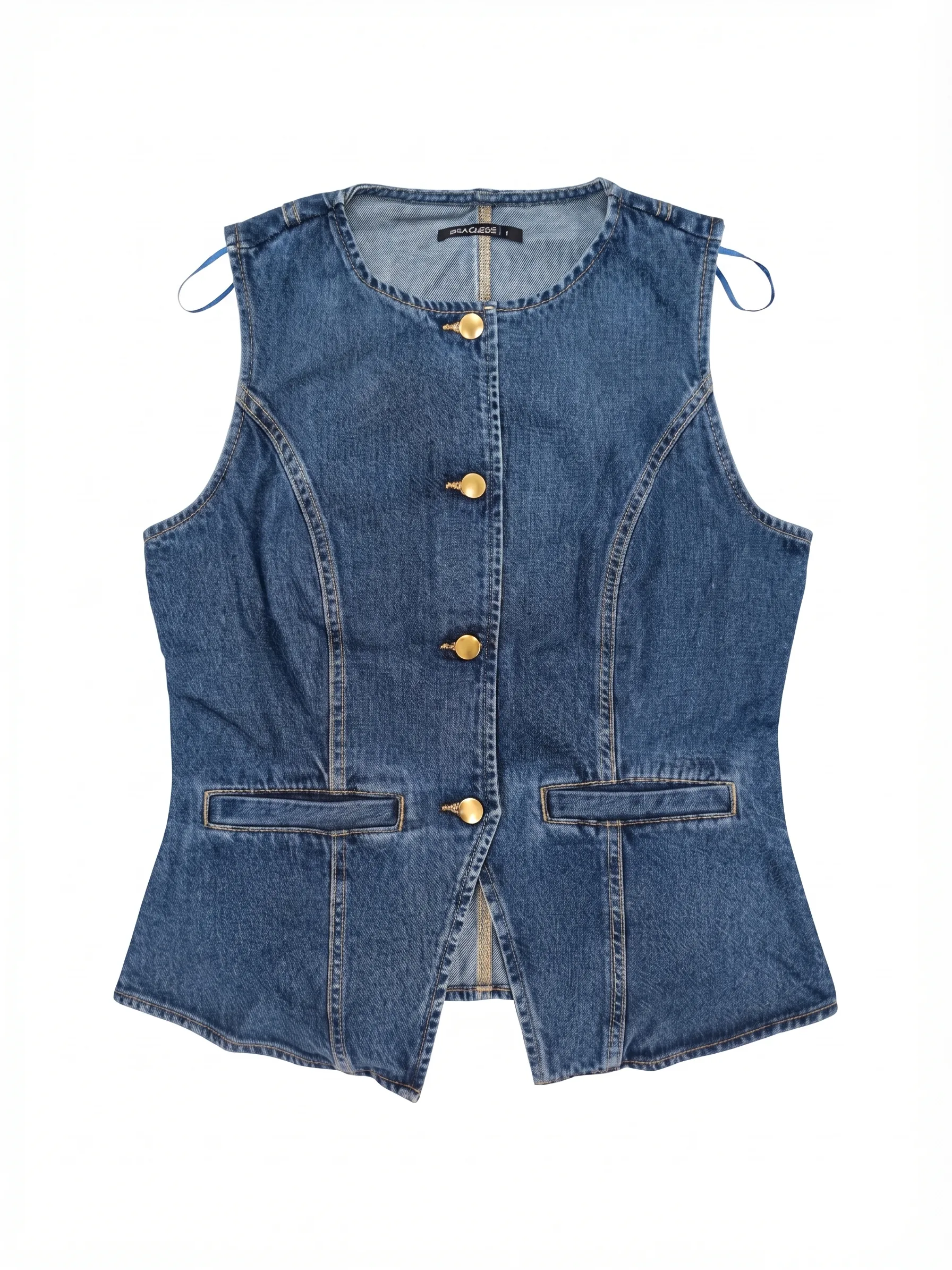 Mid-wash denim vest, front view, development reference