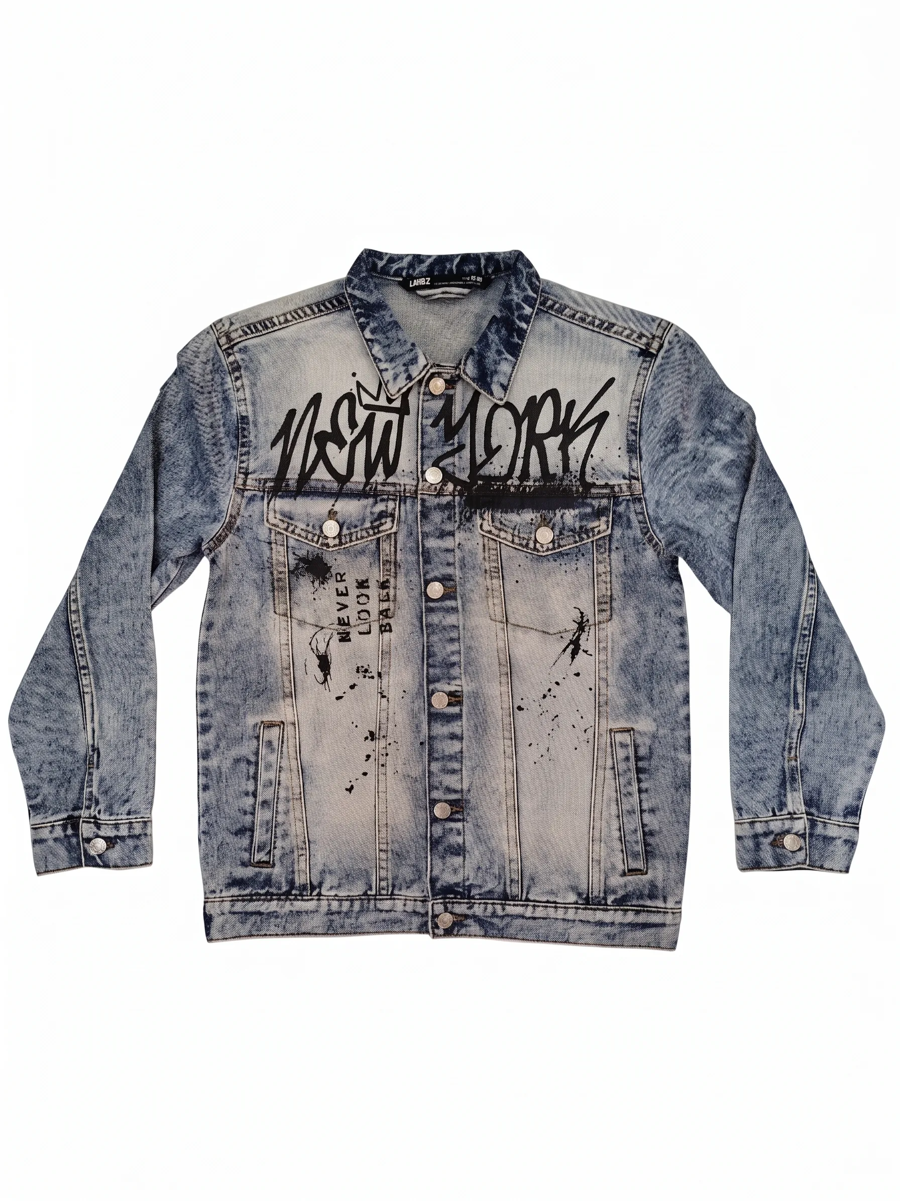 NY graffiti denim jacket, front view, development reference