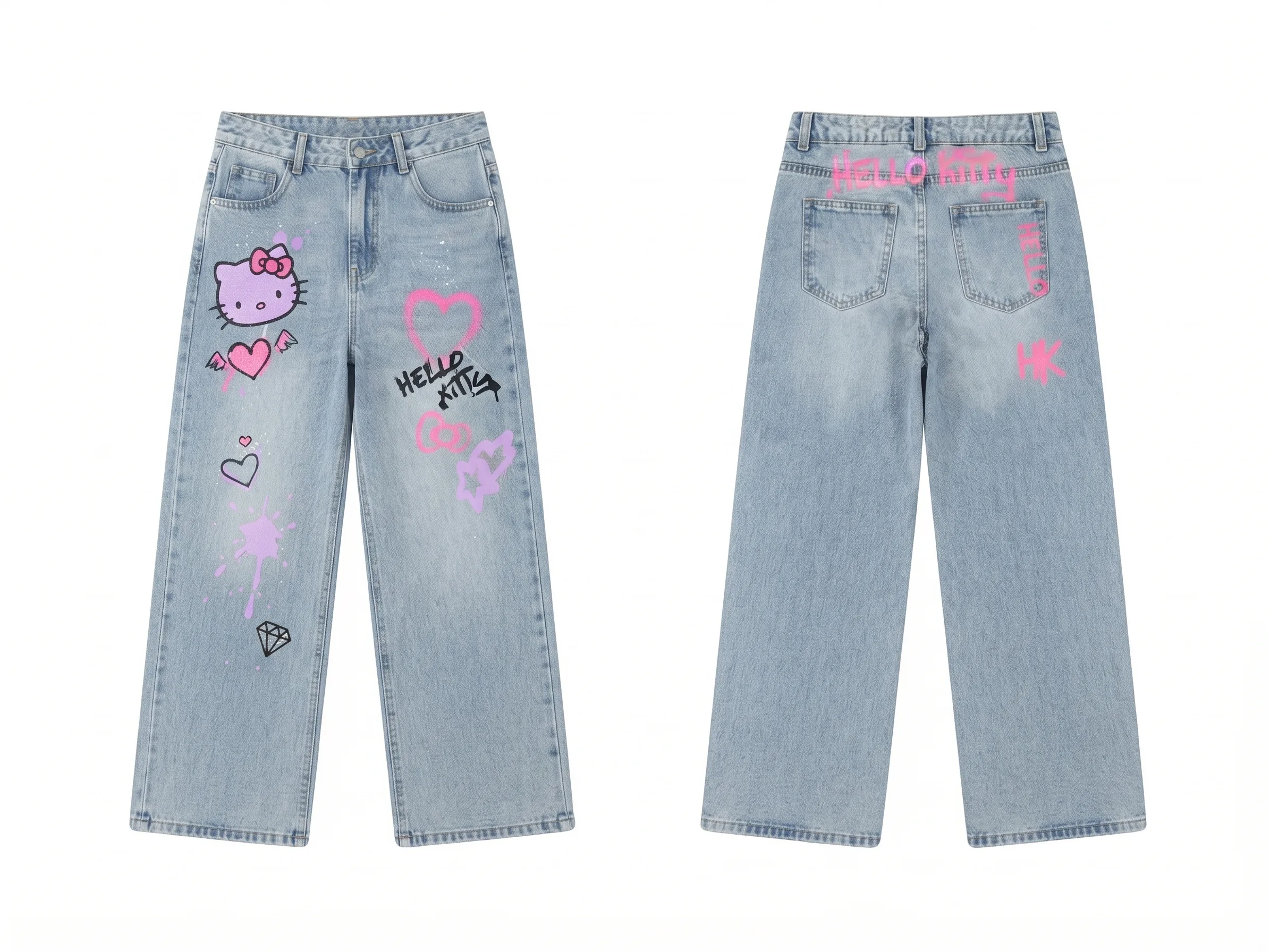Pastel graphic wide-leg jeans, back view, development reference