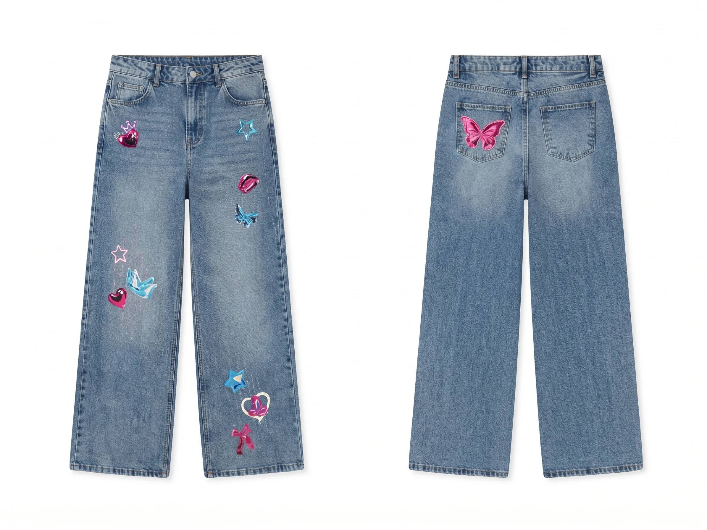Patch-embellished wide-leg jeans, back view, development reference