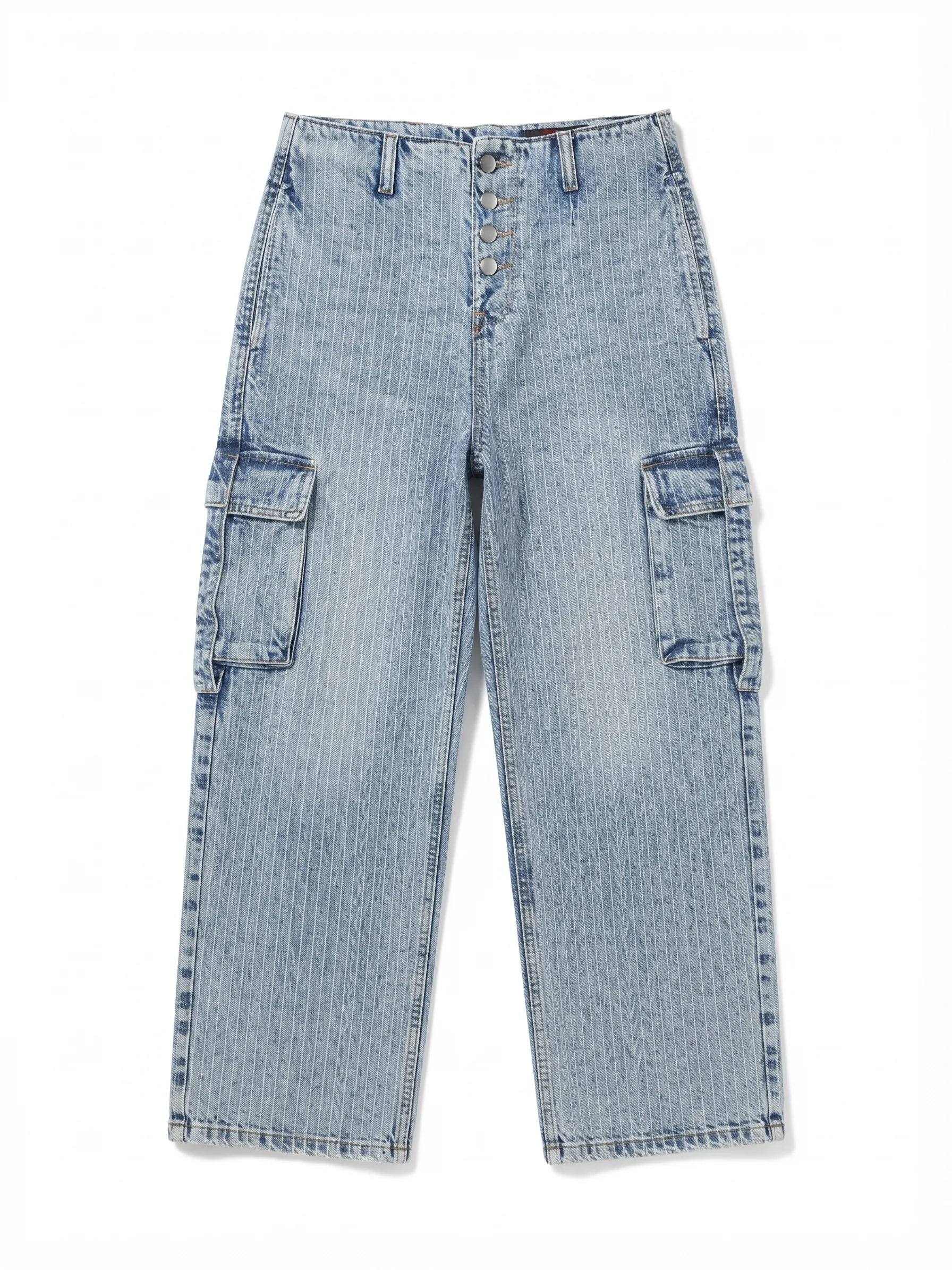 Pinstripe acid-wash cargo jeans, front view, development reference