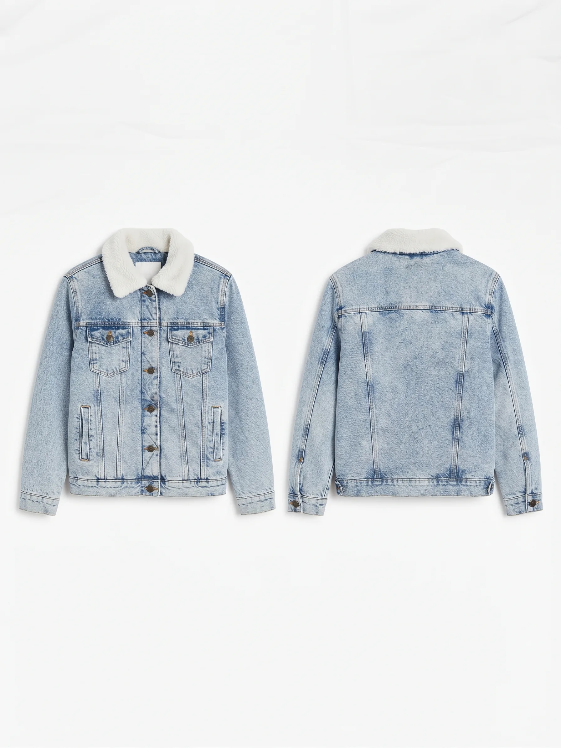 Sherpa-collar acid-wash denim jacket, back view, development reference