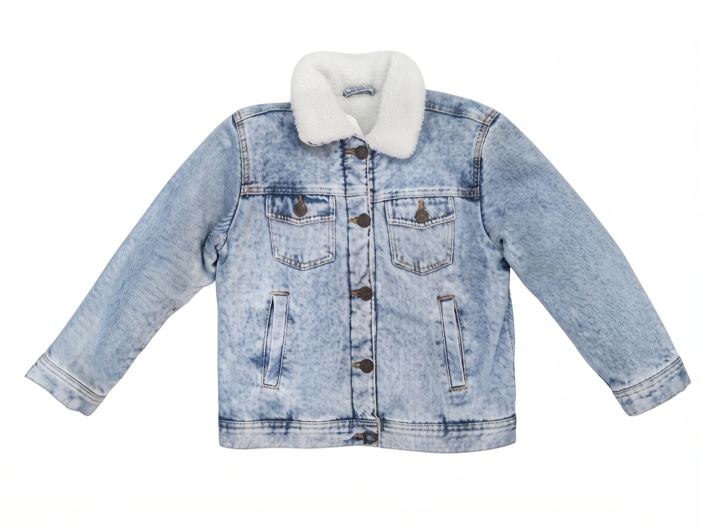 Sherpa-collar acid-wash denim jacket, front view, development reference