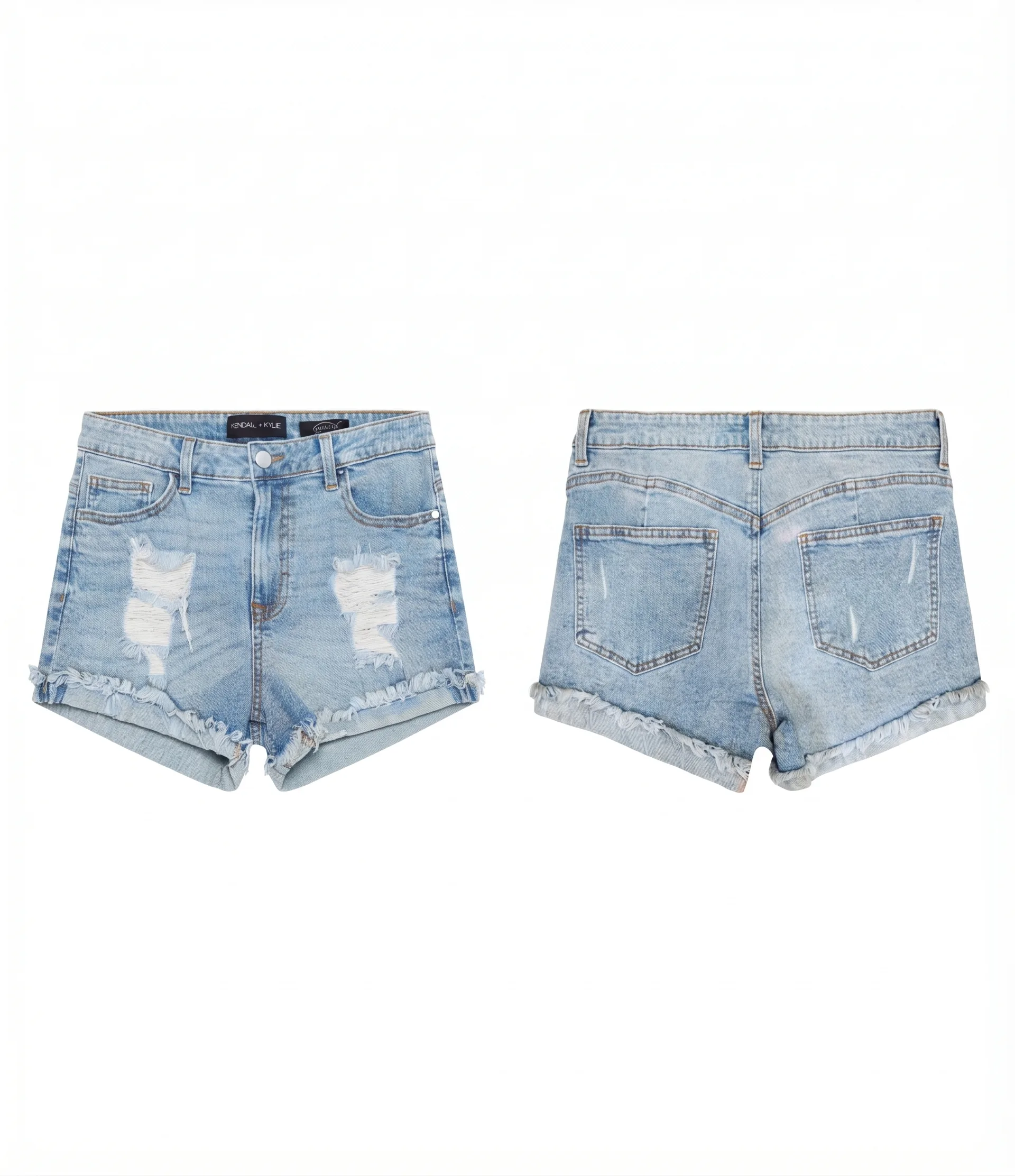 Shredded denim shorts, back view, development reference