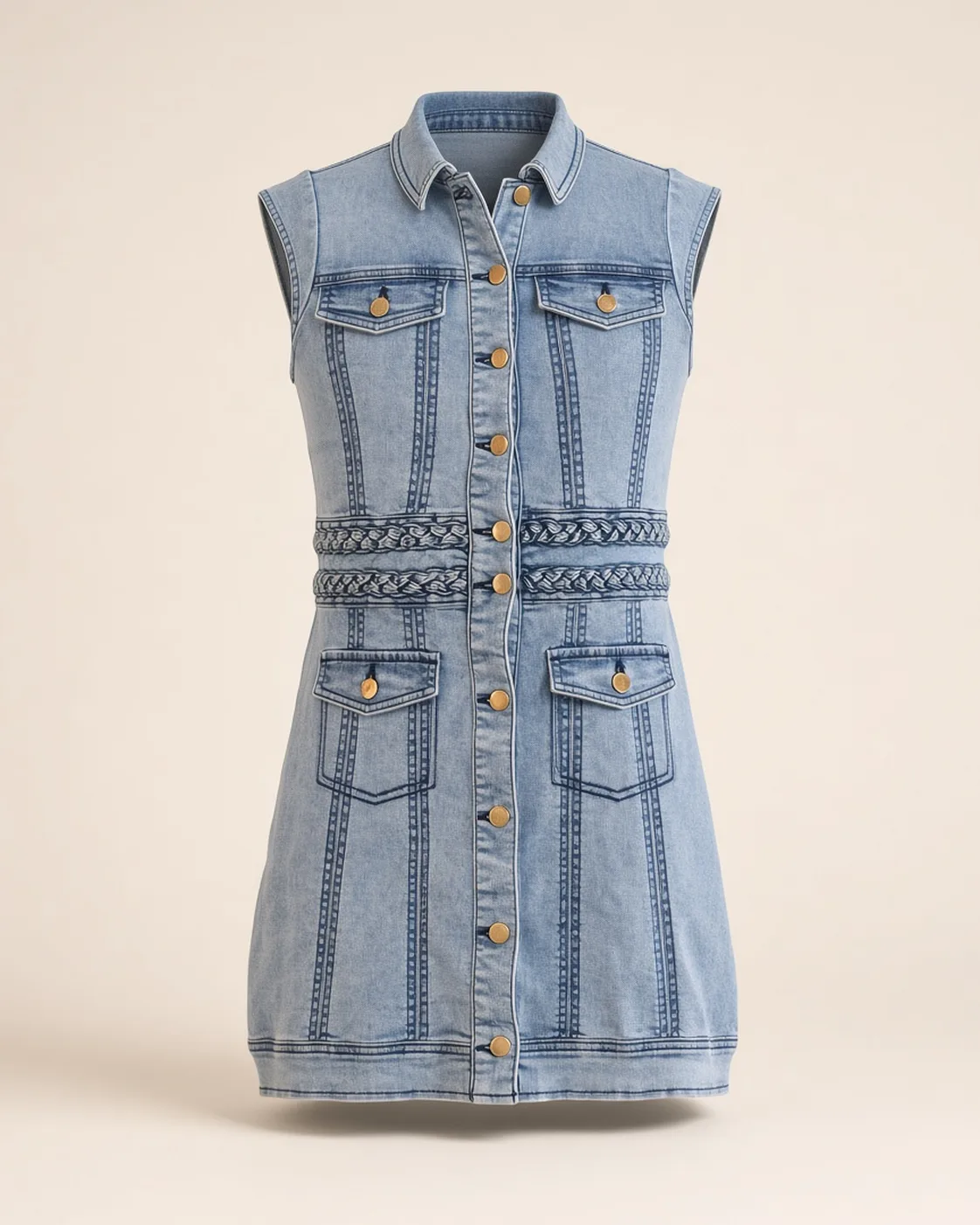 Sleeveless braided denim dress, front view, development reference