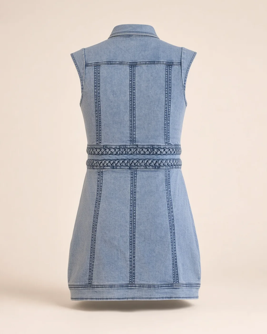 Sleeveless braided denim dress, back view, development reference