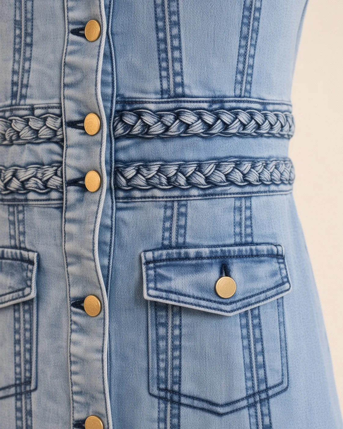 Sleeveless braided denim dress, construction detail, development reference