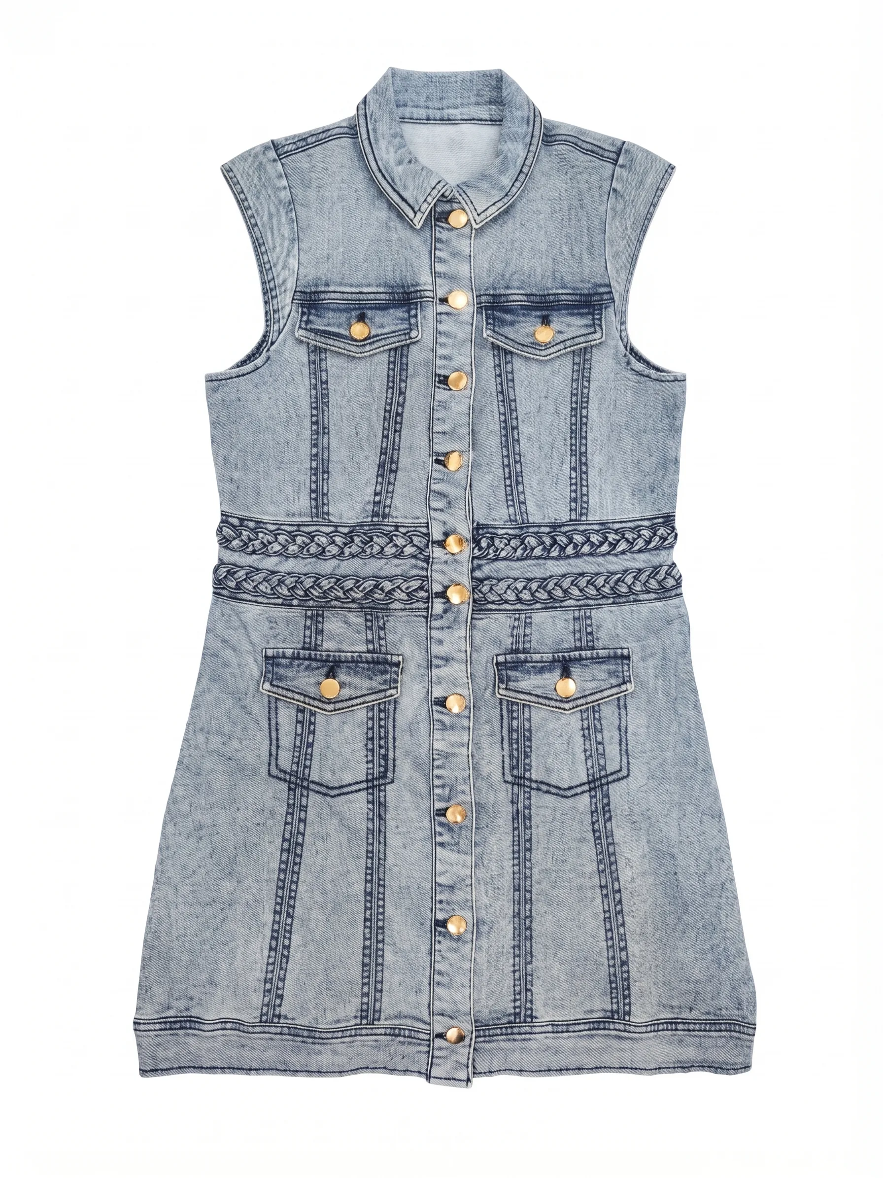 Sleeveless braided denim dress, front view, development reference