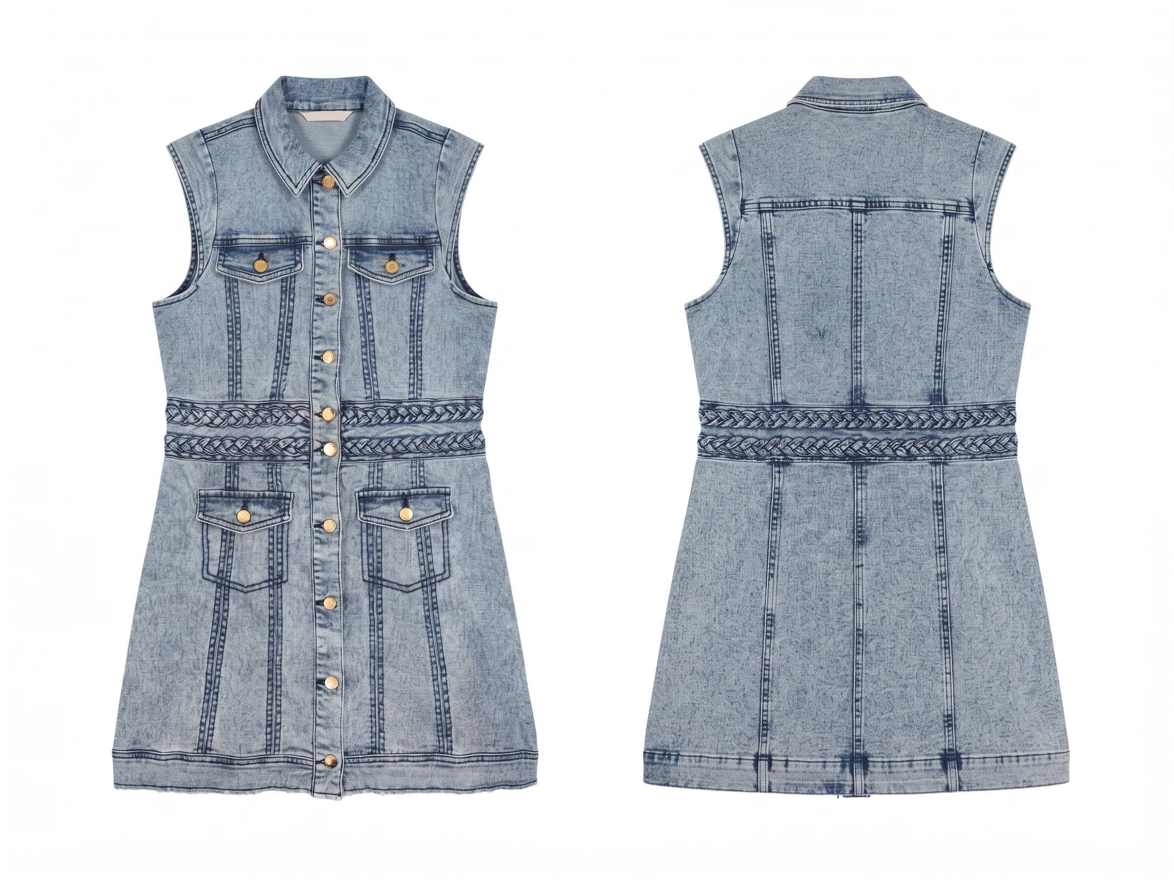 Sleeveless braided denim dress, back view, development reference