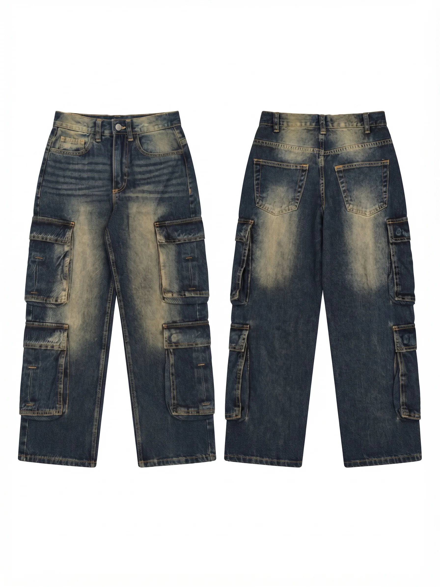 Vintage sandblast denim cargo pants, back view, development reference