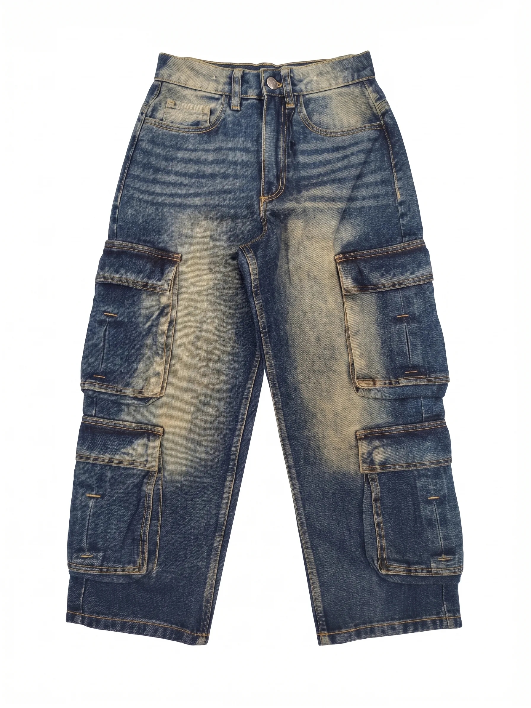 Vintage sandblast denim cargo pants, front view, development reference