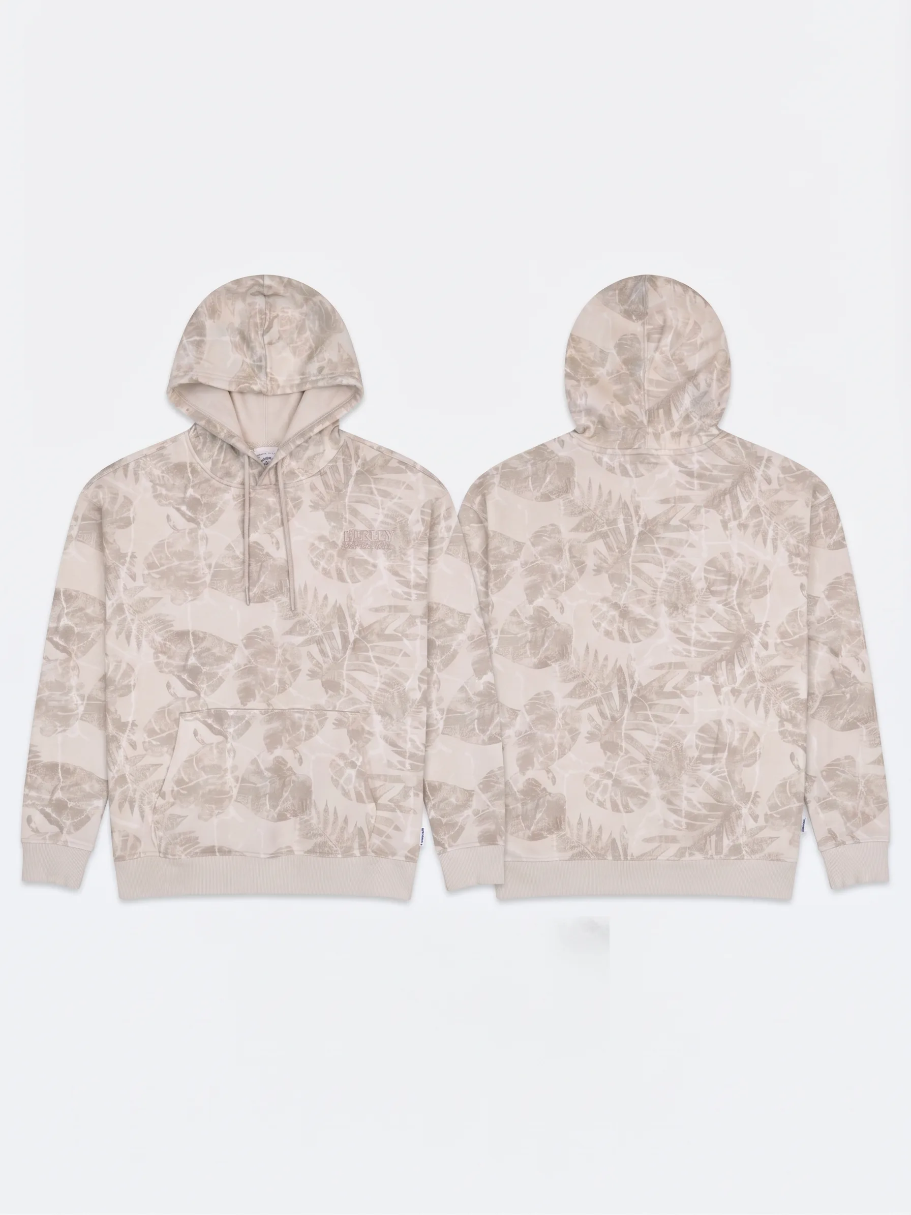 Beige tropical print hoodie, back view, development reference