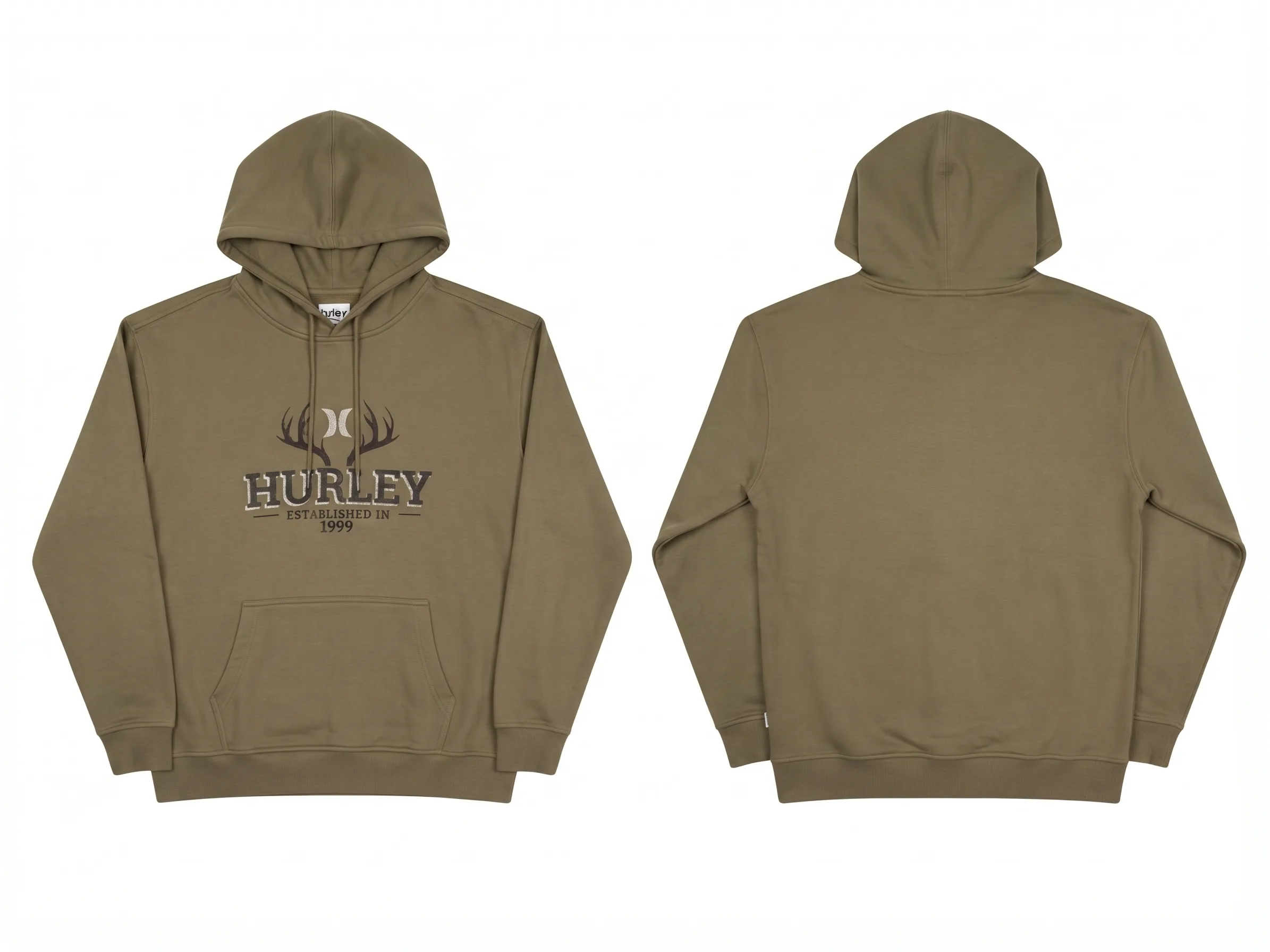 Olive pullover hoodie, back view, development reference