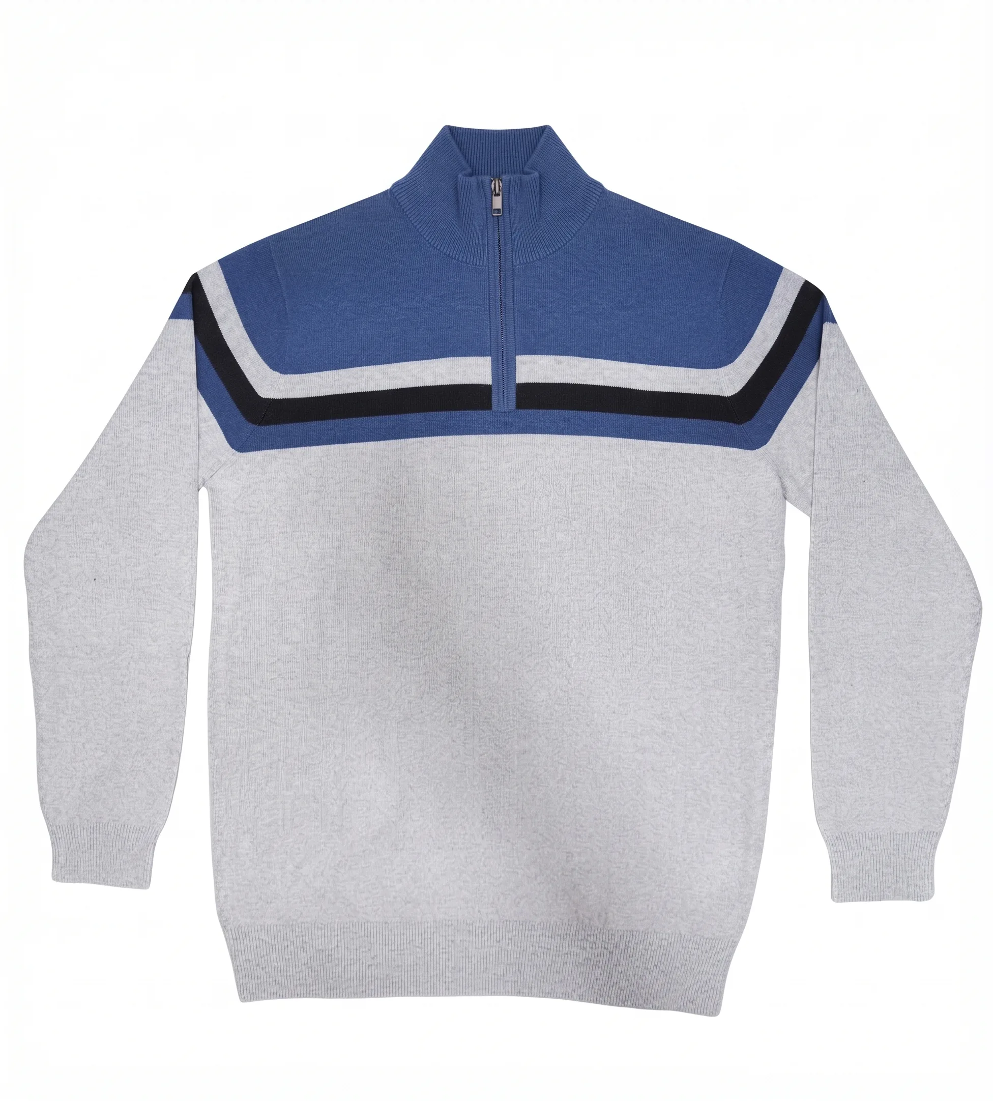 Color-block quarter-zip sweater, front view, development reference