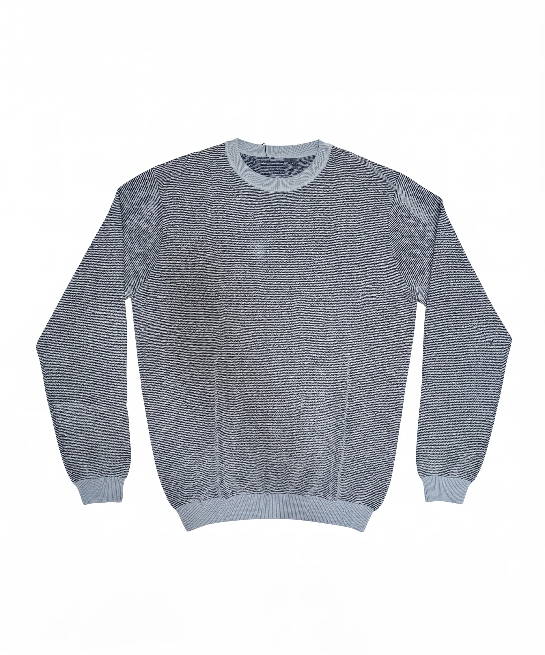 Dusty blue crew sweater, front view, development reference