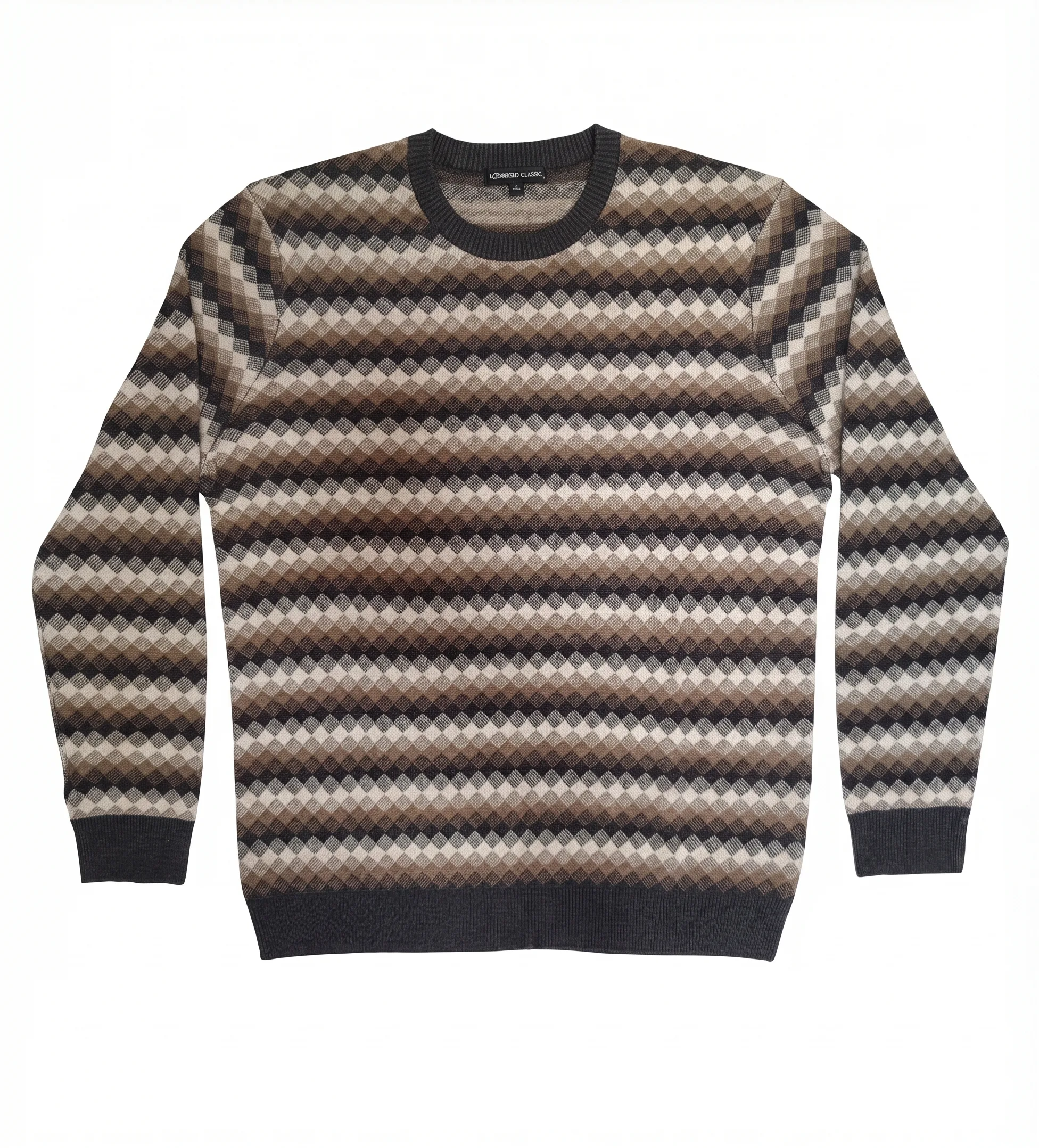 Geometric crew sweater, front view, development reference