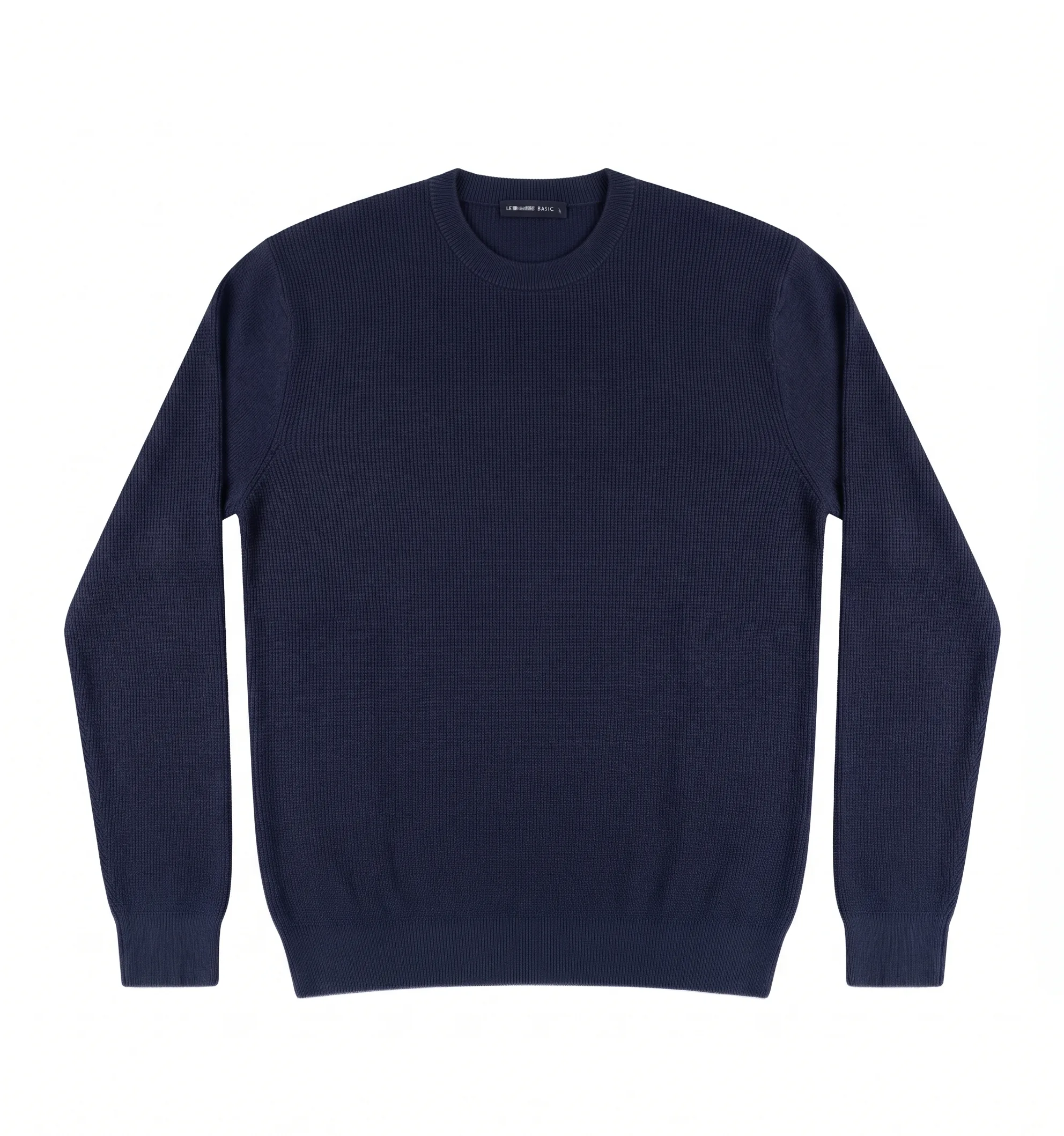 Navy crewneck sweater, front view, development reference