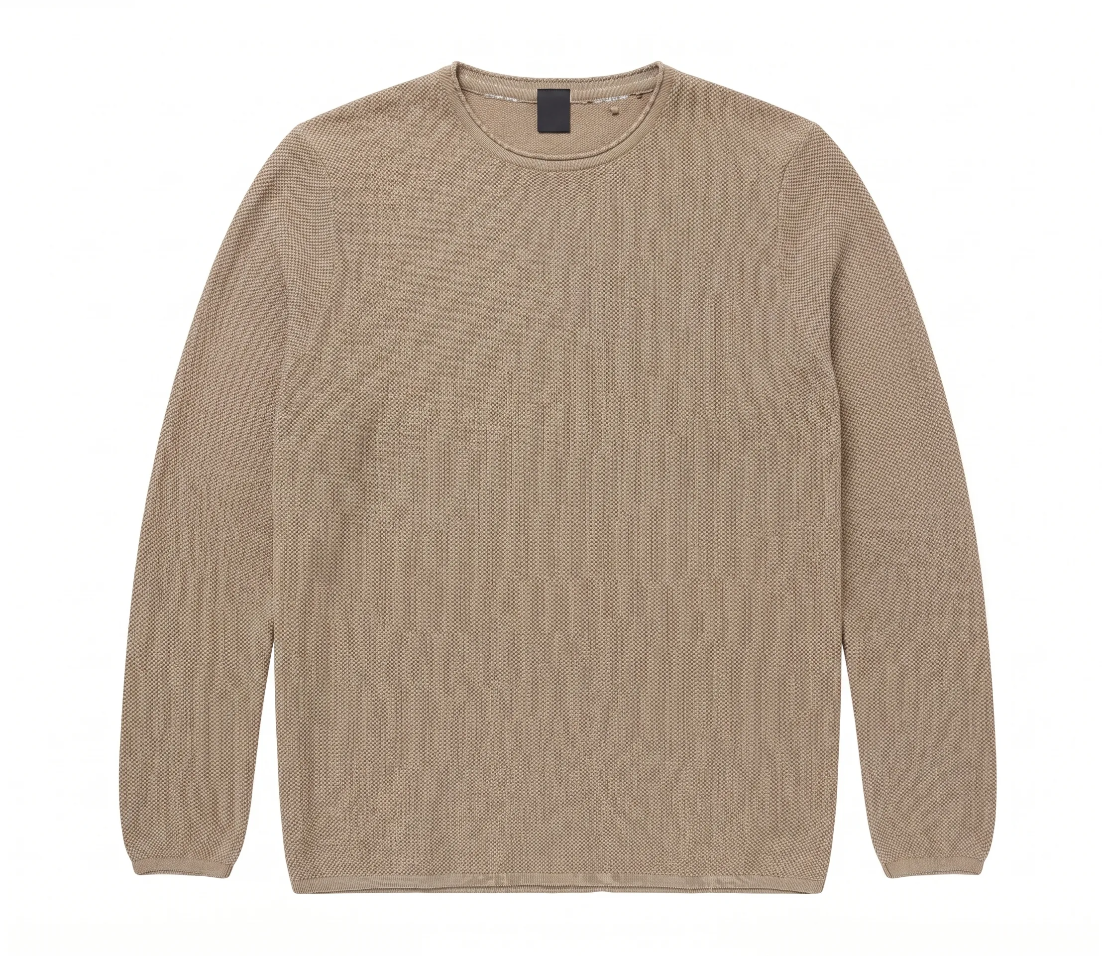 Taupe crewneck sweater, front view, development reference