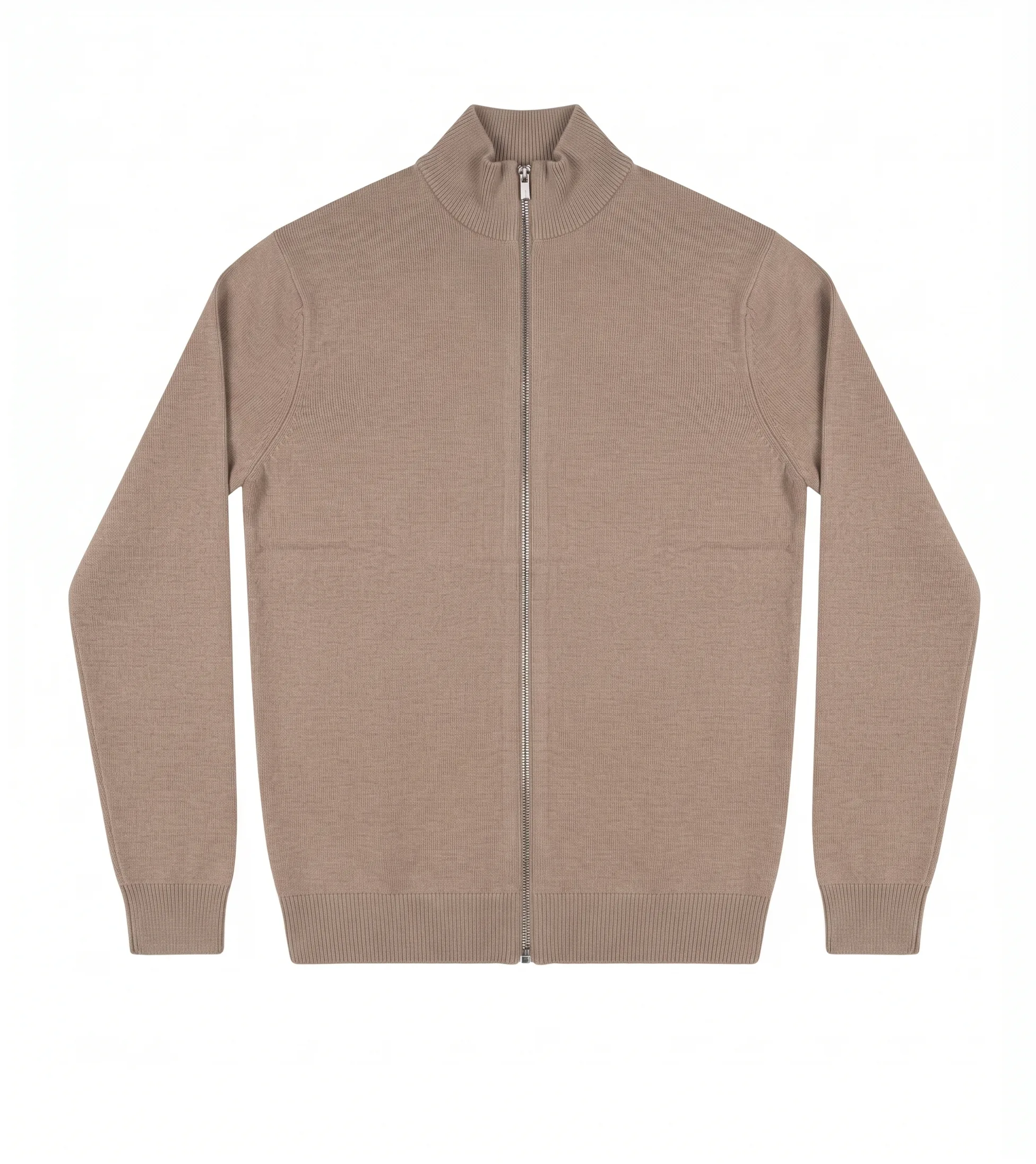 Taupe zip cardigan, front view, development reference