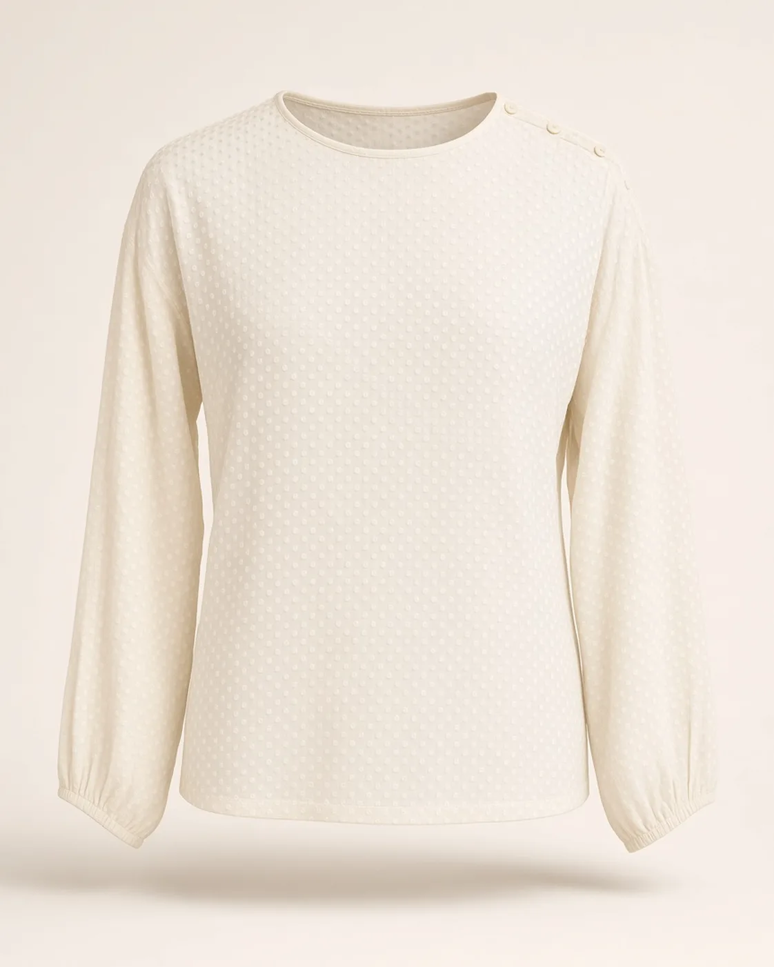 White textured pullover, front view, development reference