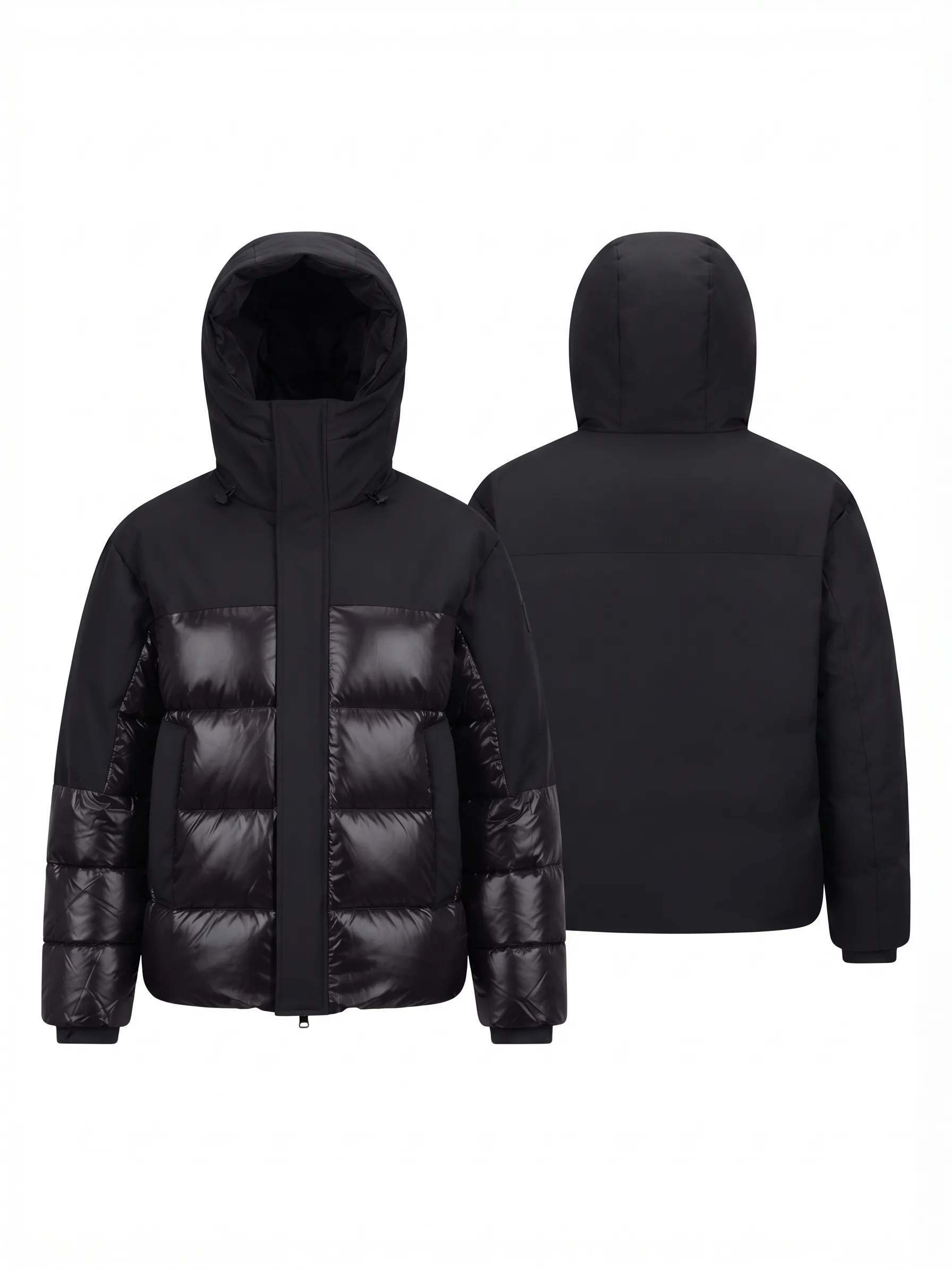 Black hooded mixed-media puffer, back view, development reference