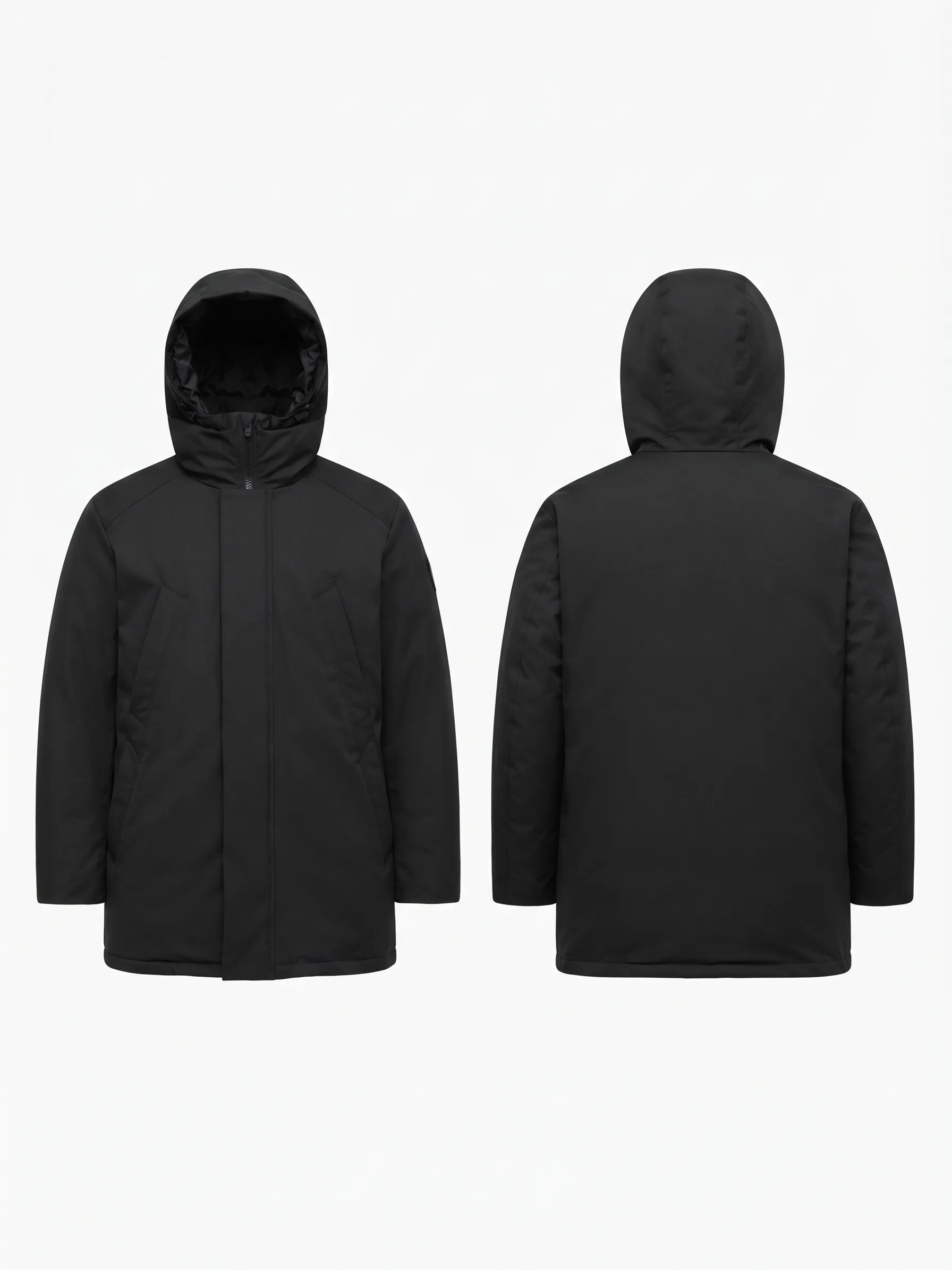 Black hooded parka, back view, development reference