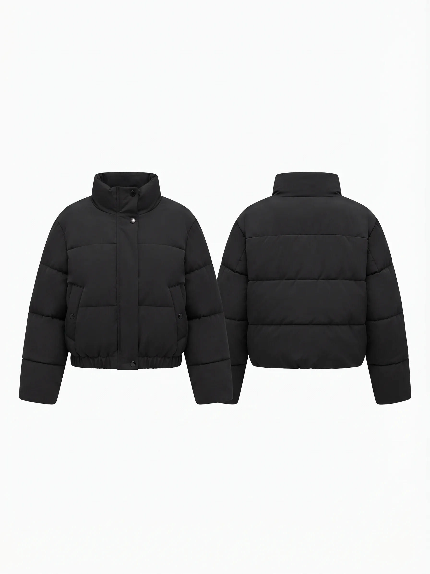 Black quilted puffer, back view, development reference