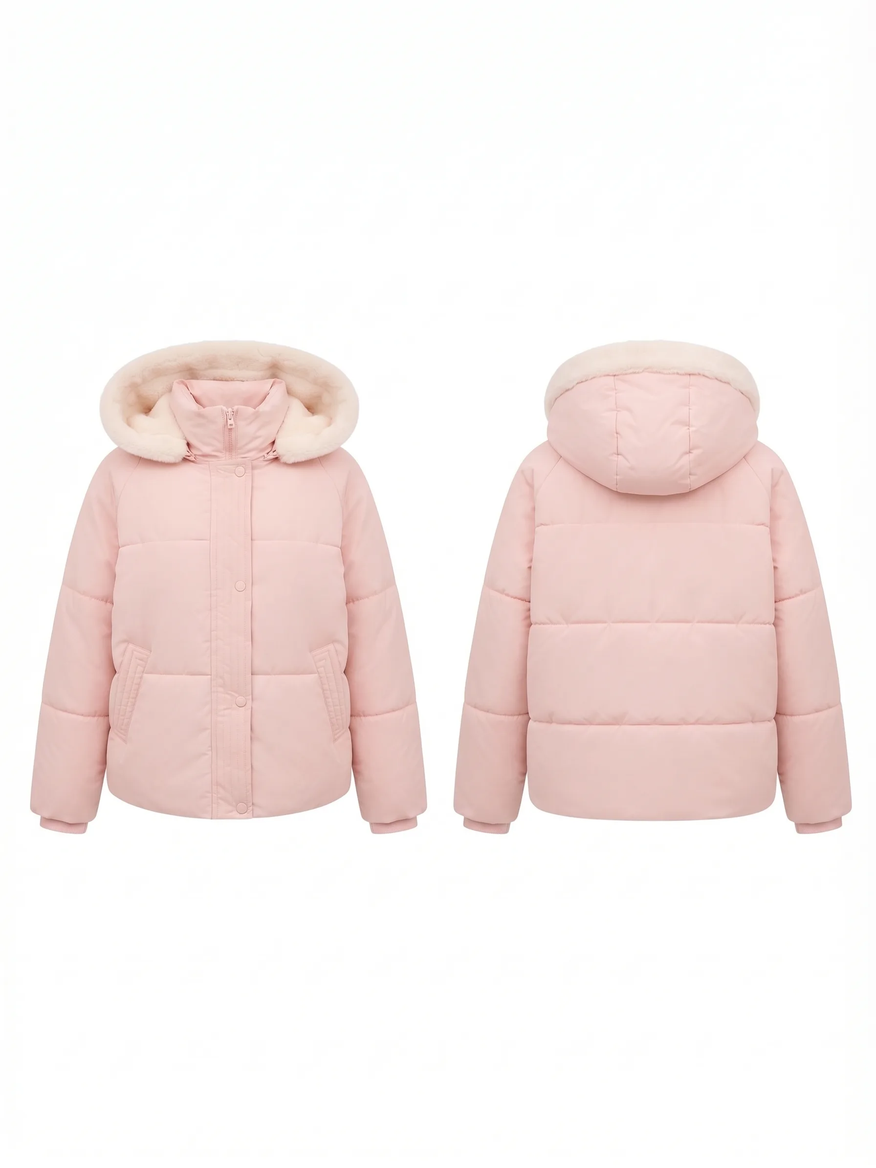 Blush fur-hood puffer, back view, development reference