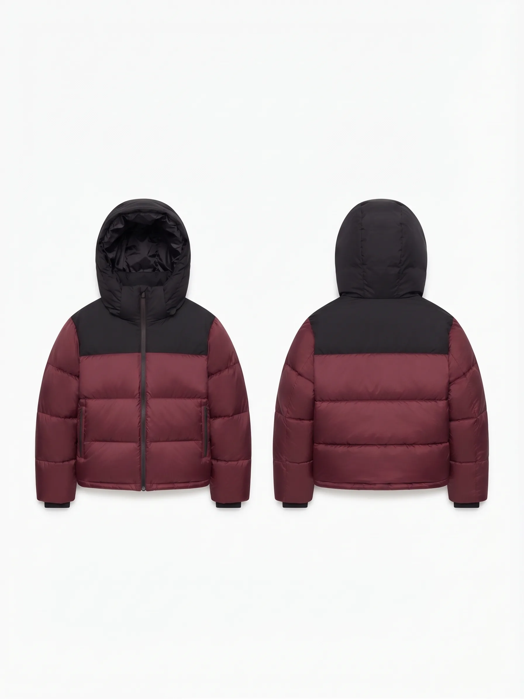 Burgundy colorblock puffer, back view, development reference