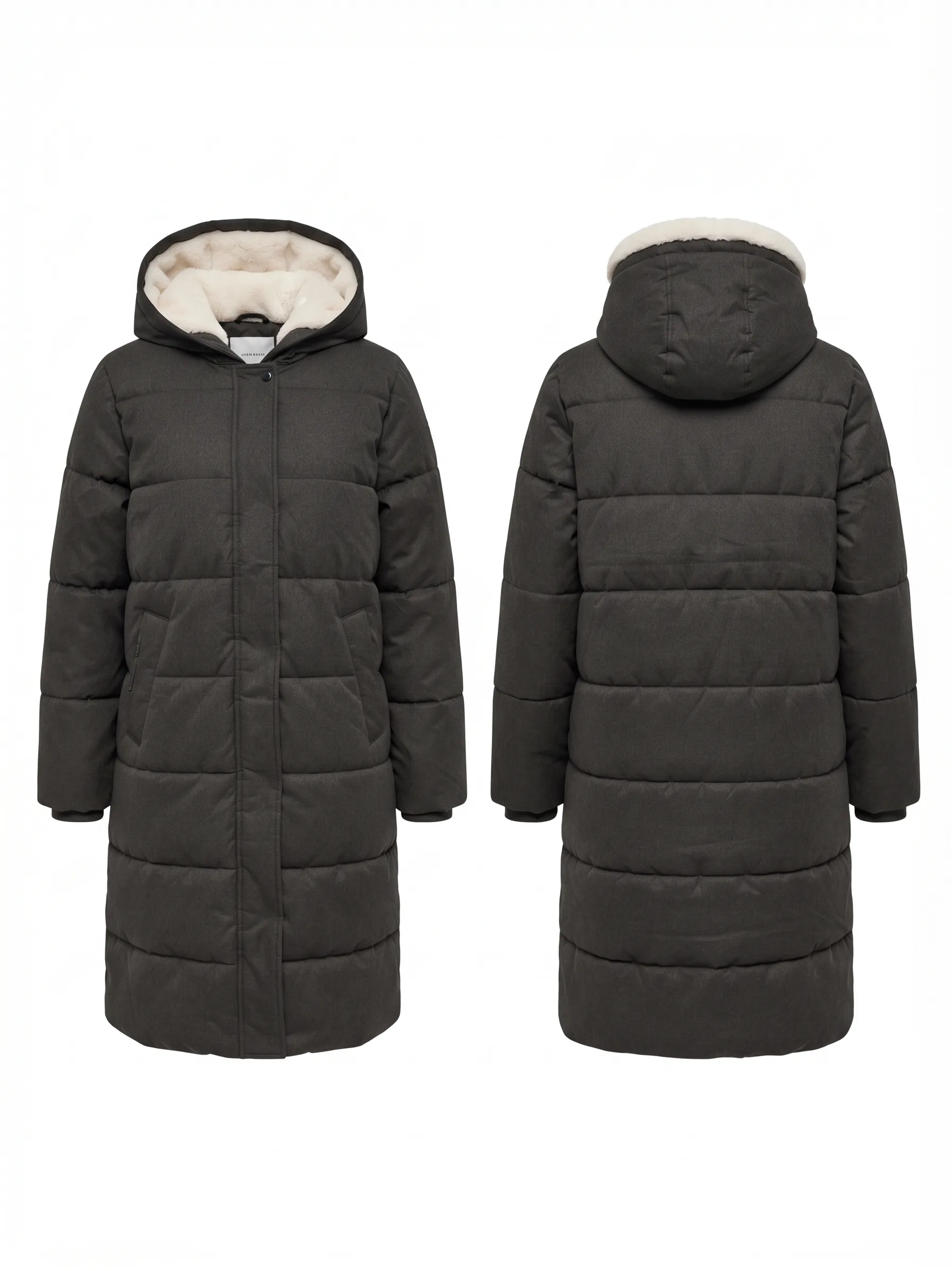 Charcoal fur-hood parka, back view, development reference