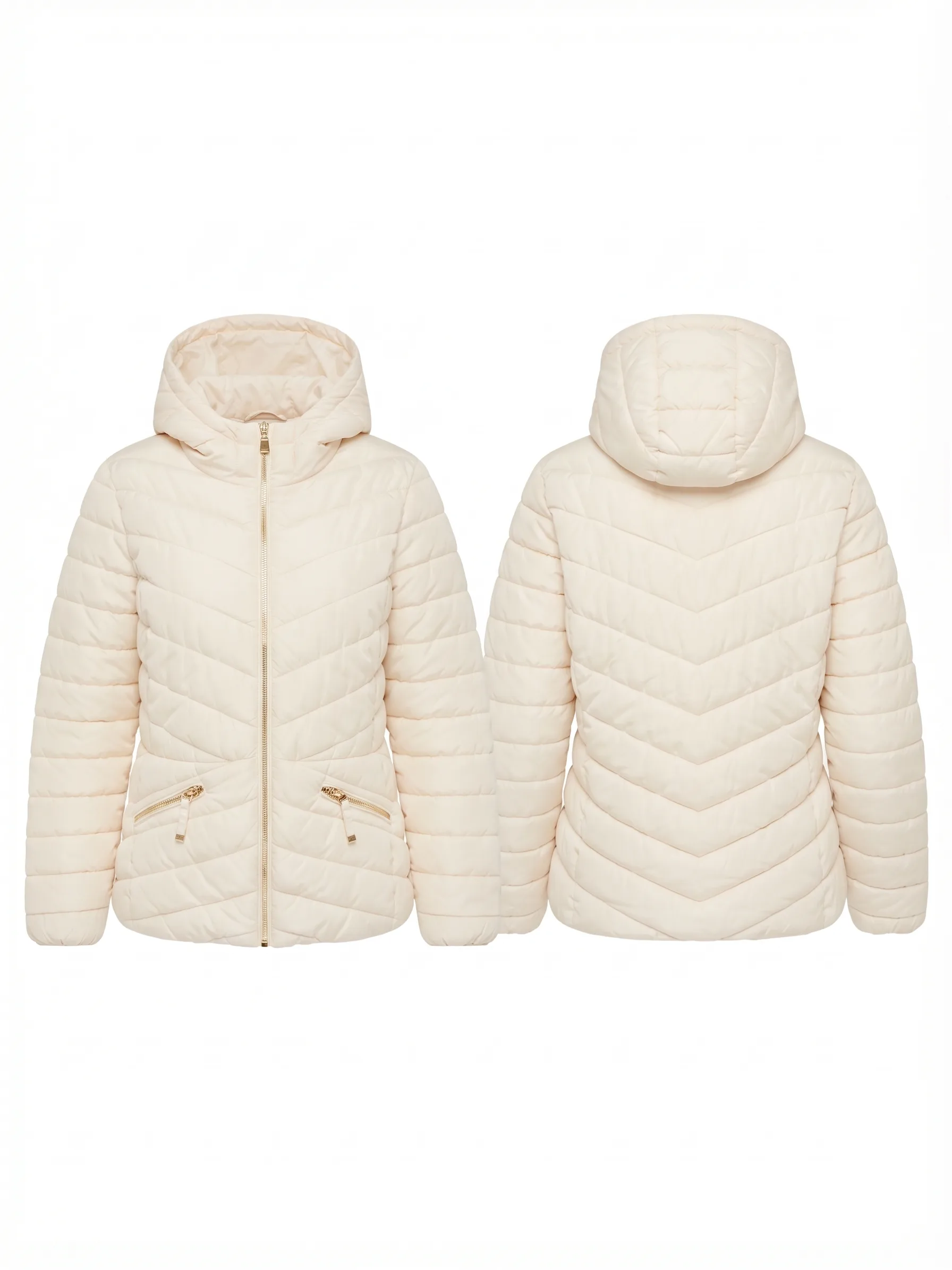 Cream hooded puffer, back view, development reference