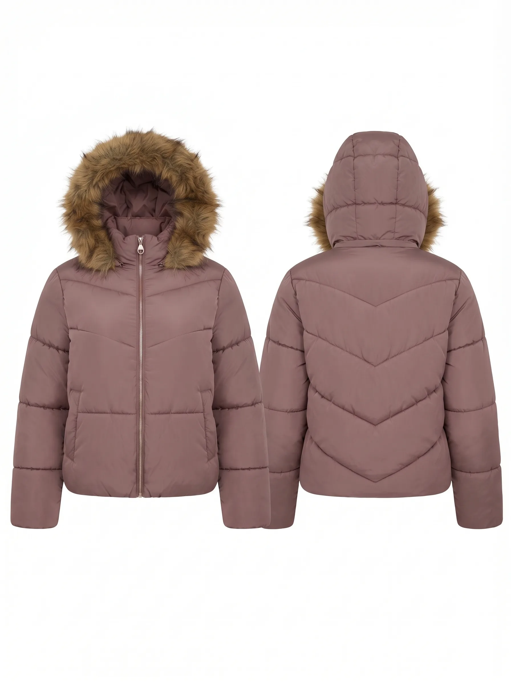 Mauve chevron puffer, back view, development reference