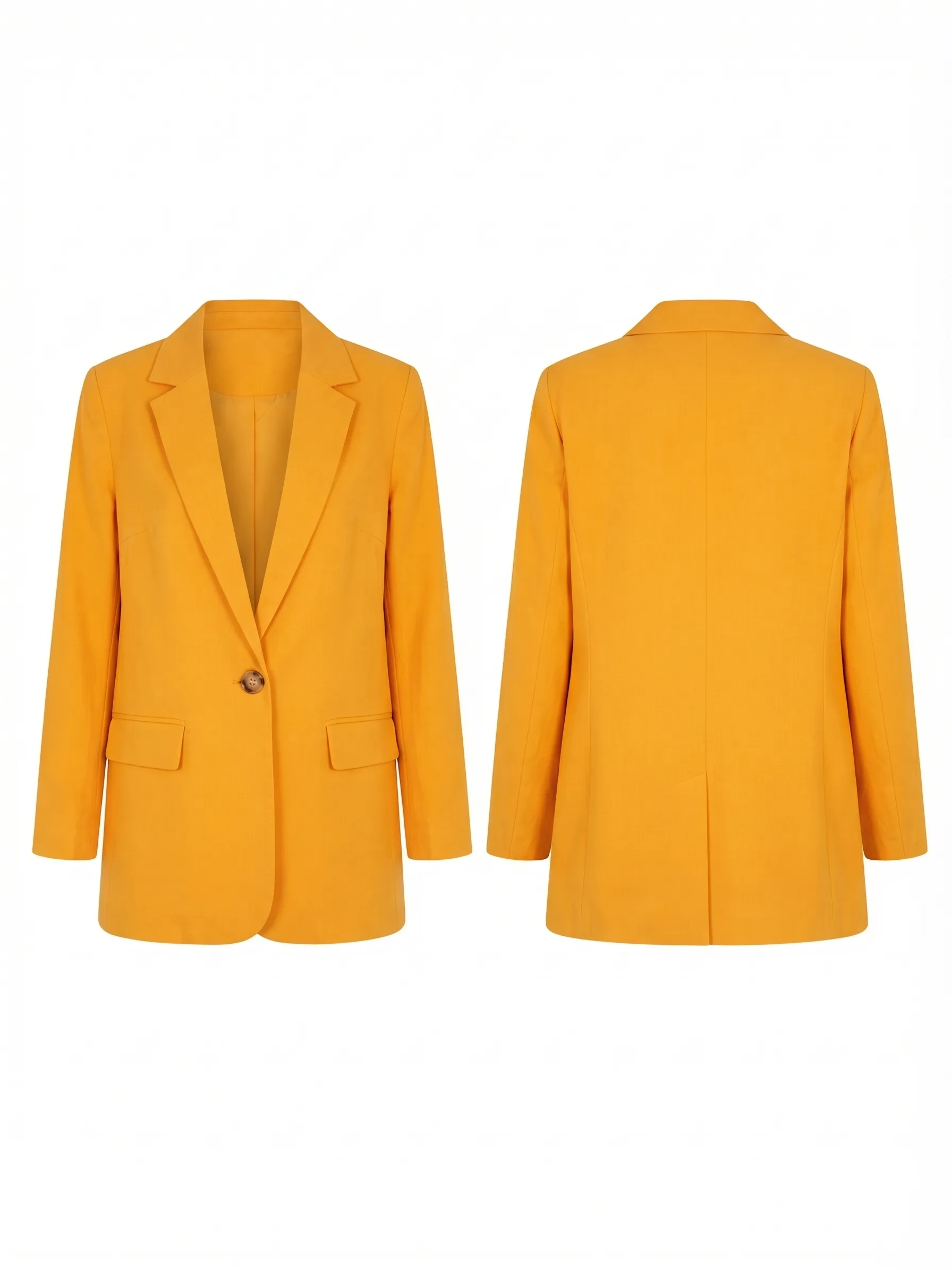 Mustard single-breasted blazer, back view, development reference