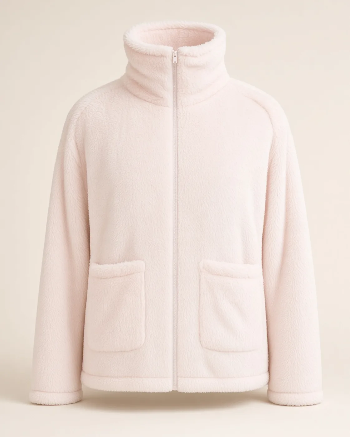 White plush zip jacket, front view, development reference
