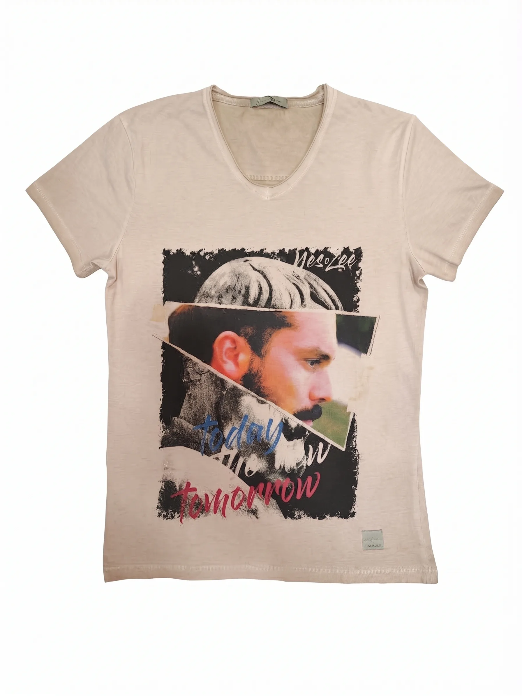 Beige graphic V-neck tee, front view, development reference