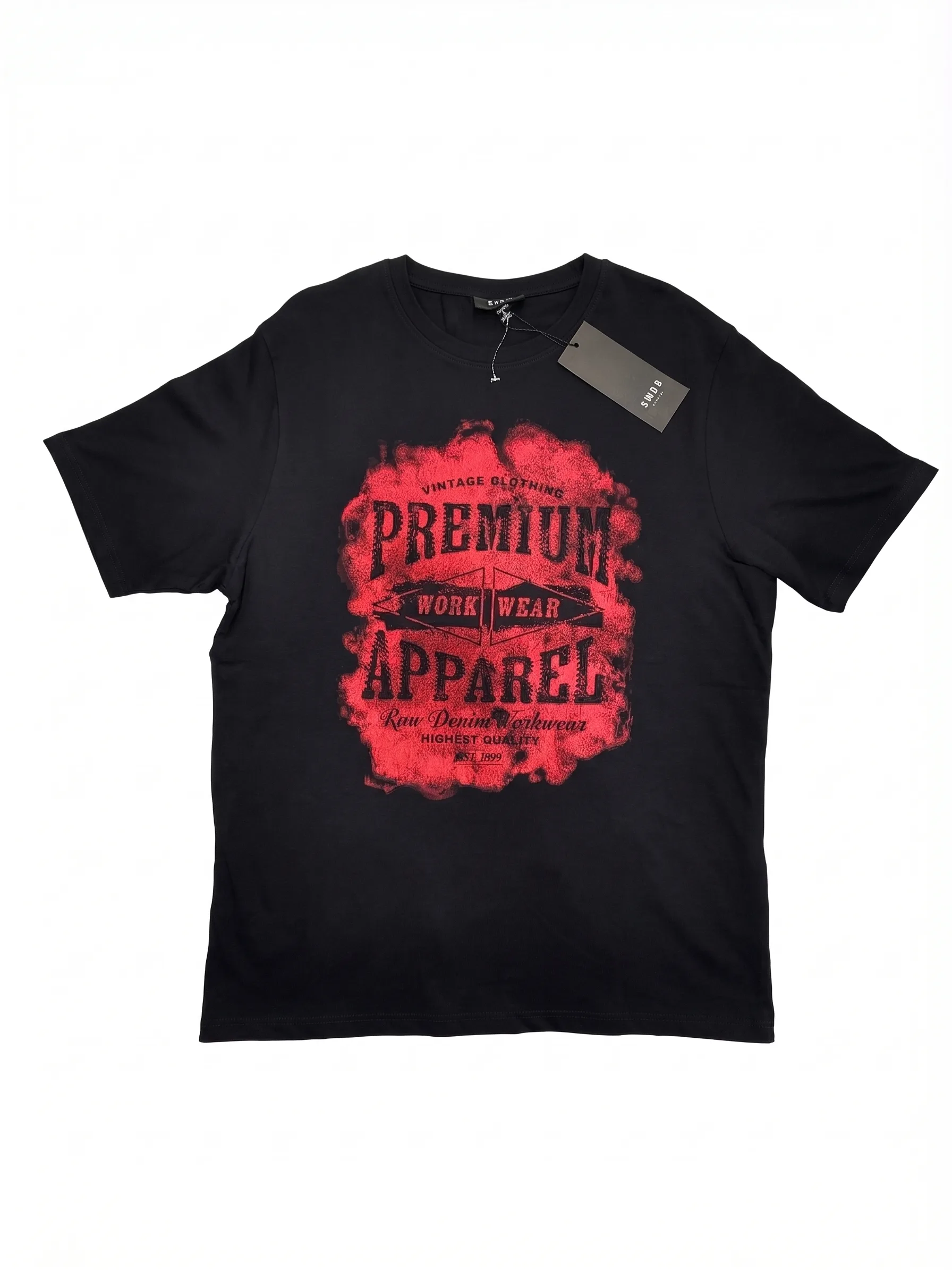 Black graphic tee, front view, development reference